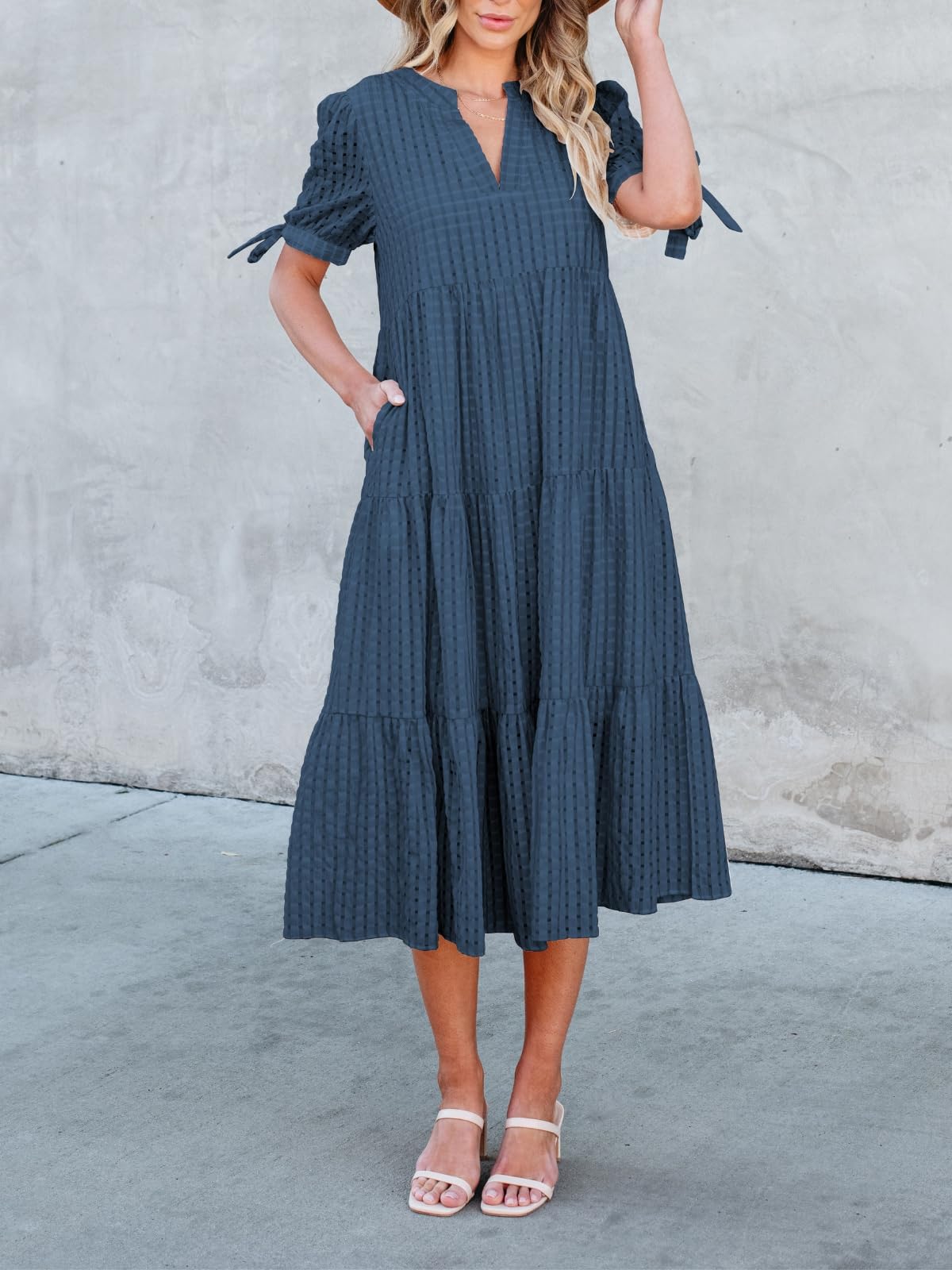 Theenkoln Women's Casual Midi Dress - Short Sleeve V-Neck Empire Waist Gingham Flowy Dress for Spring & Summer | Perfect for Office, Date Night, Brunch & Special Occasions