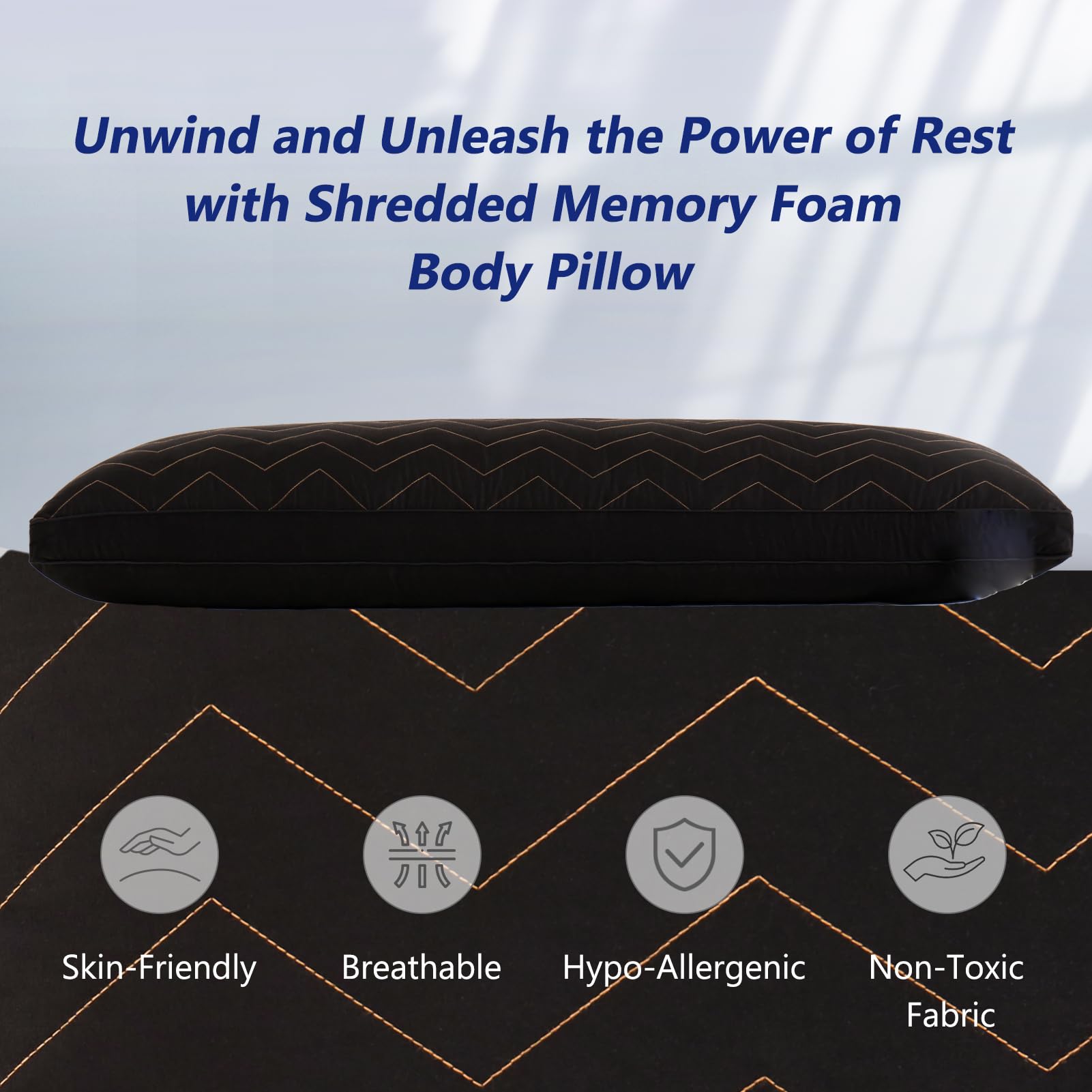 DownCool Quilted Memory Foam Body Pillow - Extra Large 20x54 Inch Full Body Pillow for Adults - Orthopedic Support for Side Sleepers & Pregnancy - Soft Cooling Bed Pillow for Back Pain Relief - Perfect for Sleeping, Lounging & Nursing (Black)