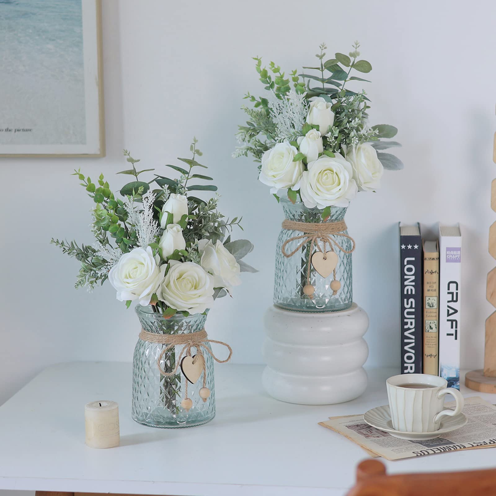Artificial Silk Roses in Vase - Home & Office Decor for Farmhouse, Bathroom, Dining Table