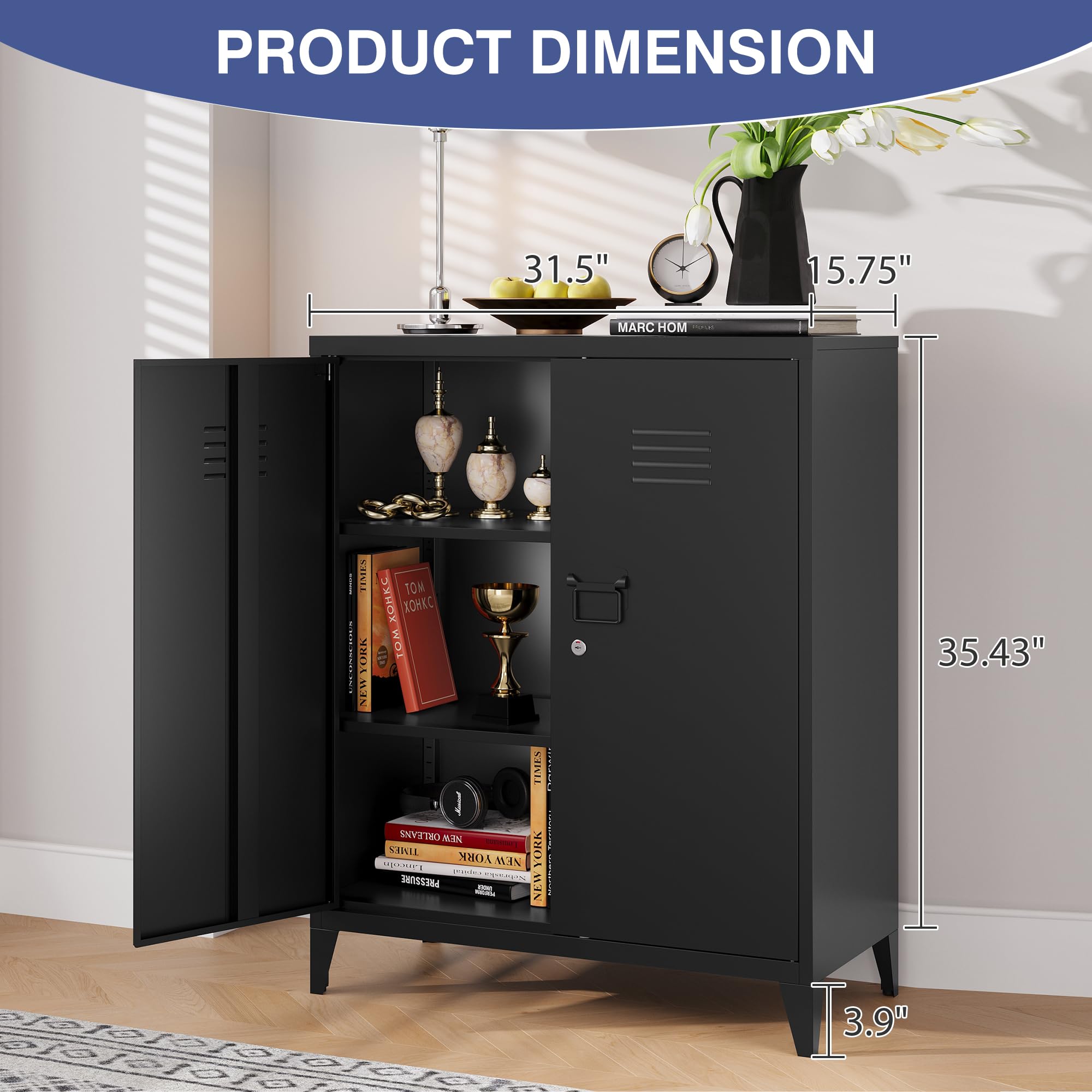 Black Metal Storage Cabinet with Doors & Adjustable Shelves - Home Office Organization Cabinet with Lock & Leveling Legs (Assembly Required) | Perfect for Office Supplies, Tools & Household Storage
