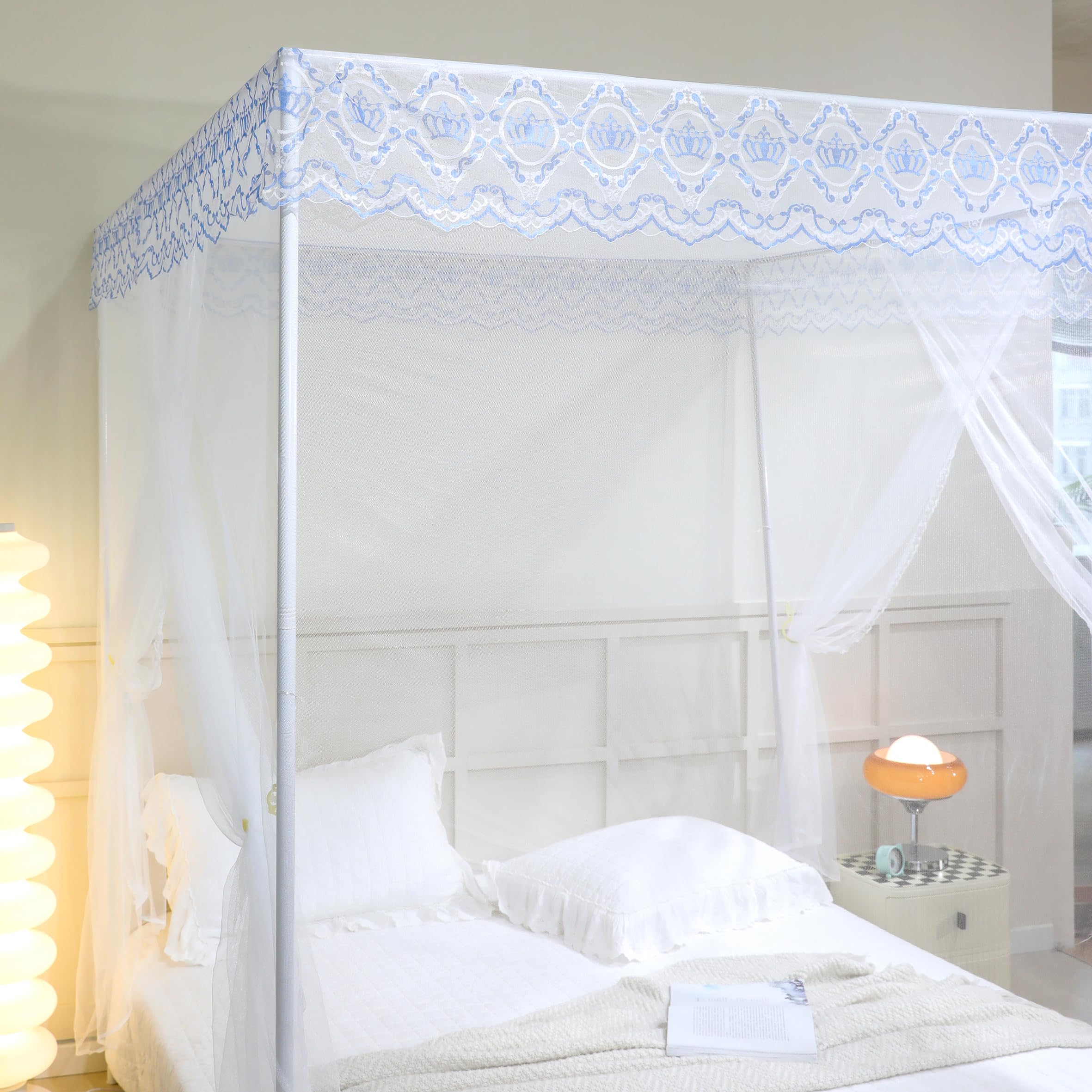 Elegant White King Size Bed Canopy with 3-Door Rectangle Lace Design - Princess Style Bed Curtain Net for Girls & Adults - Perfect for Bedroom Decor, Wedding Nights & Cozy Sleep Retreats