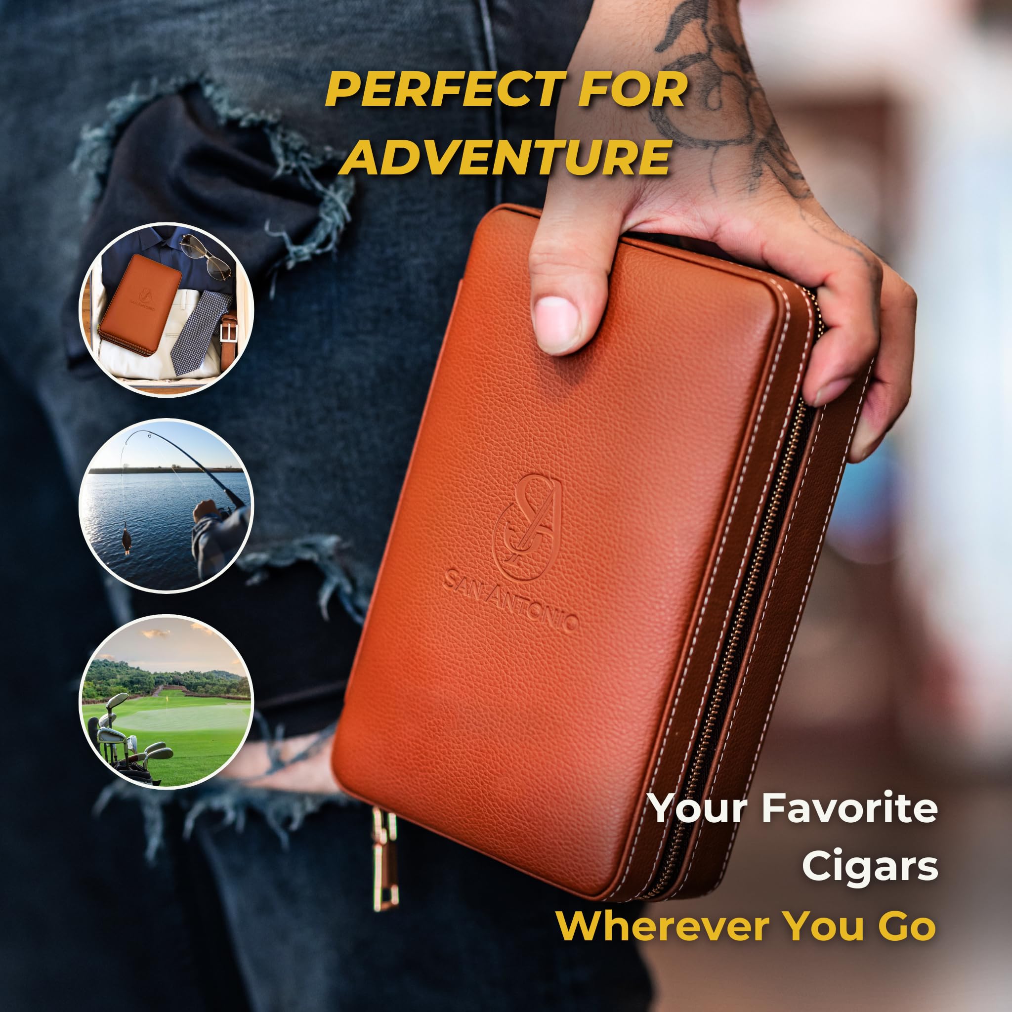 Premium Leather Travel Cigar Humidor Case with Built-in Lighter & Cutter - Portable Cigar Storage for San Antonio Trips & Outdoor Adventures - Perfect for Gifts & Cigar Enthusiasts