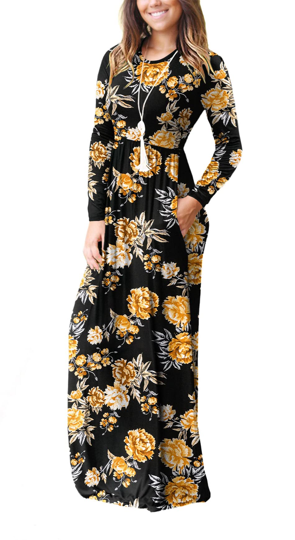 EUOVMY Women's Long Sleeve Loose Maxi Dresses - Casual Flowy Long Dresses with Pockets for Spring & Fall | Perfect for Daily Wear, Office, Travel & Date Nights