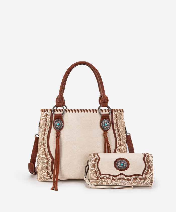 Trinity Ranch Floral Tooled Concho Tote Bag Set - Western Style Leather Handbag for Women - Perfect for Cowgirl Fashion, Rodeo Events & Country Outfits
