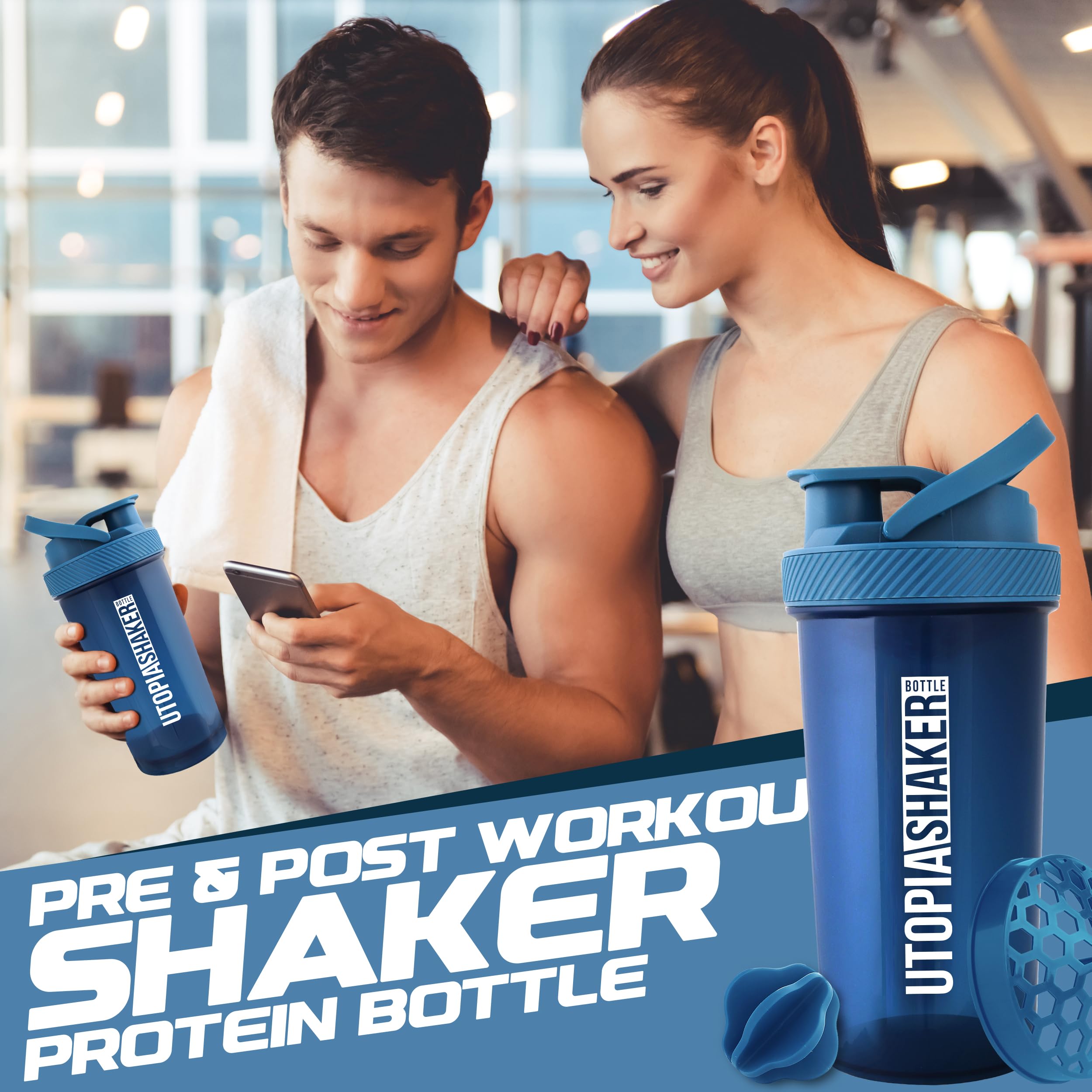Utopia Home 28-Ounce Protein Shaker Bottle (Pack of 2) - Leak-Proof Mixer for Protein Powder, Pre-Workout & Smoothies - Navy & Clear - Perfect for Gym, Fitness & Post-Workout Recovery