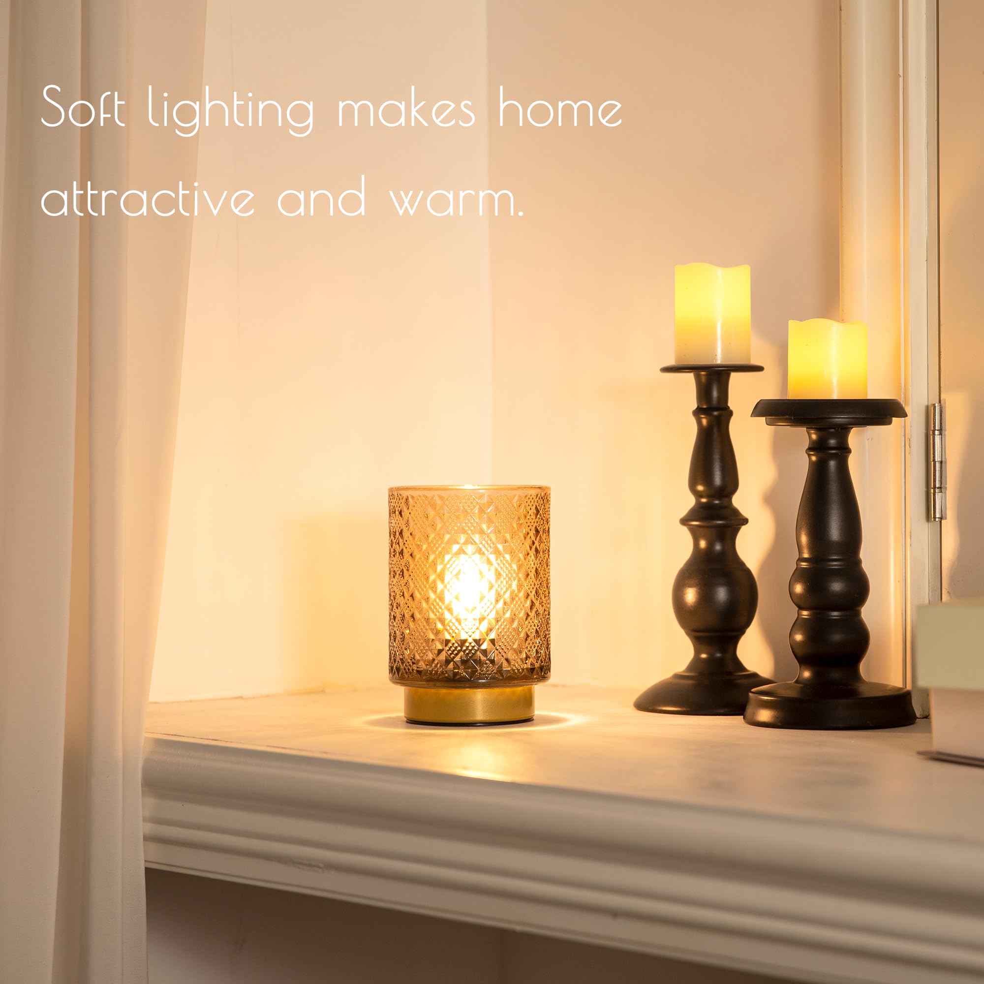 Battery Operated LED Table Lamp with Timer, Cordless Diamond Design Amber Glass Lamp for Bedside, Living Room, Entryway, and Outdoor Use