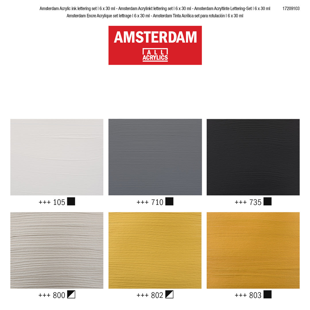 Amsterdam All Acrylics Acrylic Ink Set - 6 Vibrant Colors (30ml Each) for Calligraphy, Hand Lettering & DIY Art Projects - Perfect for Artists, Beginners & Craft Enthusiasts