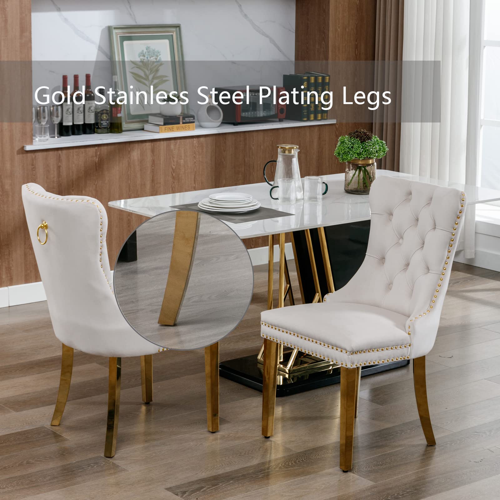 6 Beige Velvet Dining Chairs Set - Modern Upholstered Kitchen Chairs with Golden Stainless Steel Legs & Back Ring Pull Trim for Dining Room, Living Room & Kitchen Decor - Perfect for Home Entertaining & Cozy Family Meals (Beige)