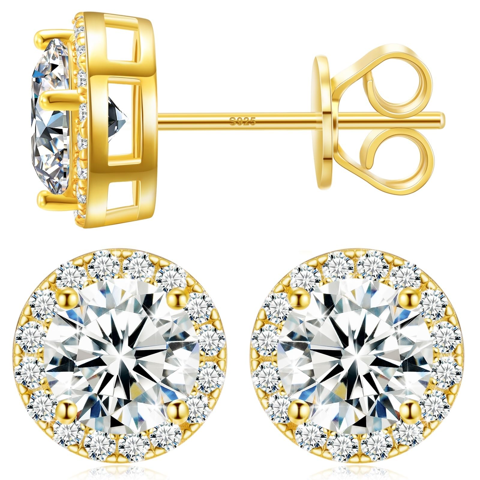 Moissanite Halo Stud Earrings 0.2-4CT (3-8mm) | 18k Gold Plated 925 Sterling Silver | D Color VVS1 Round Cut Diamond Simulant | Hypoallergenic Earrings for Women & Men | Perfect for Mother's Day Gifts, Anniversary, Wedding & Formal Occasions