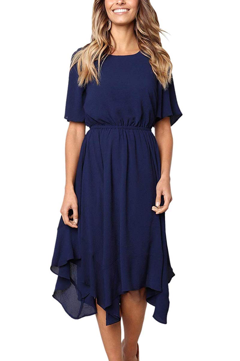 Alaster Women's Chiffon Short Sleeve Casual Midi Dress with Irregular Hem - Flowy Summer Dress for Beach, Party & Vacation | Plus Size Options Available