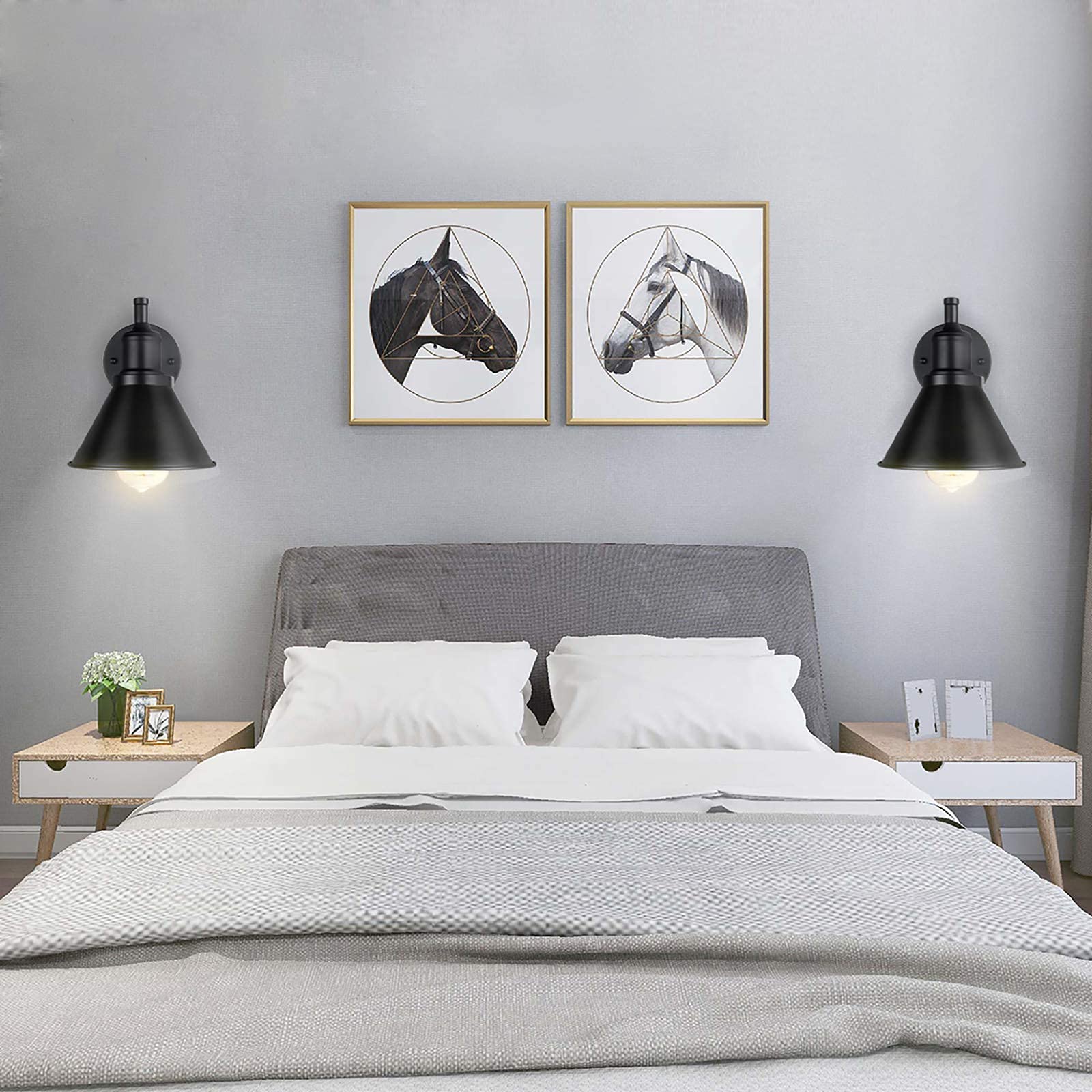 Industrial Swing Arm Wall Sconce Light Fixture - Plug-in Cord with On/Off Switch - Black Finish (2 Pack) - Perfect for Bedroom, Living Room, and Office Lighting