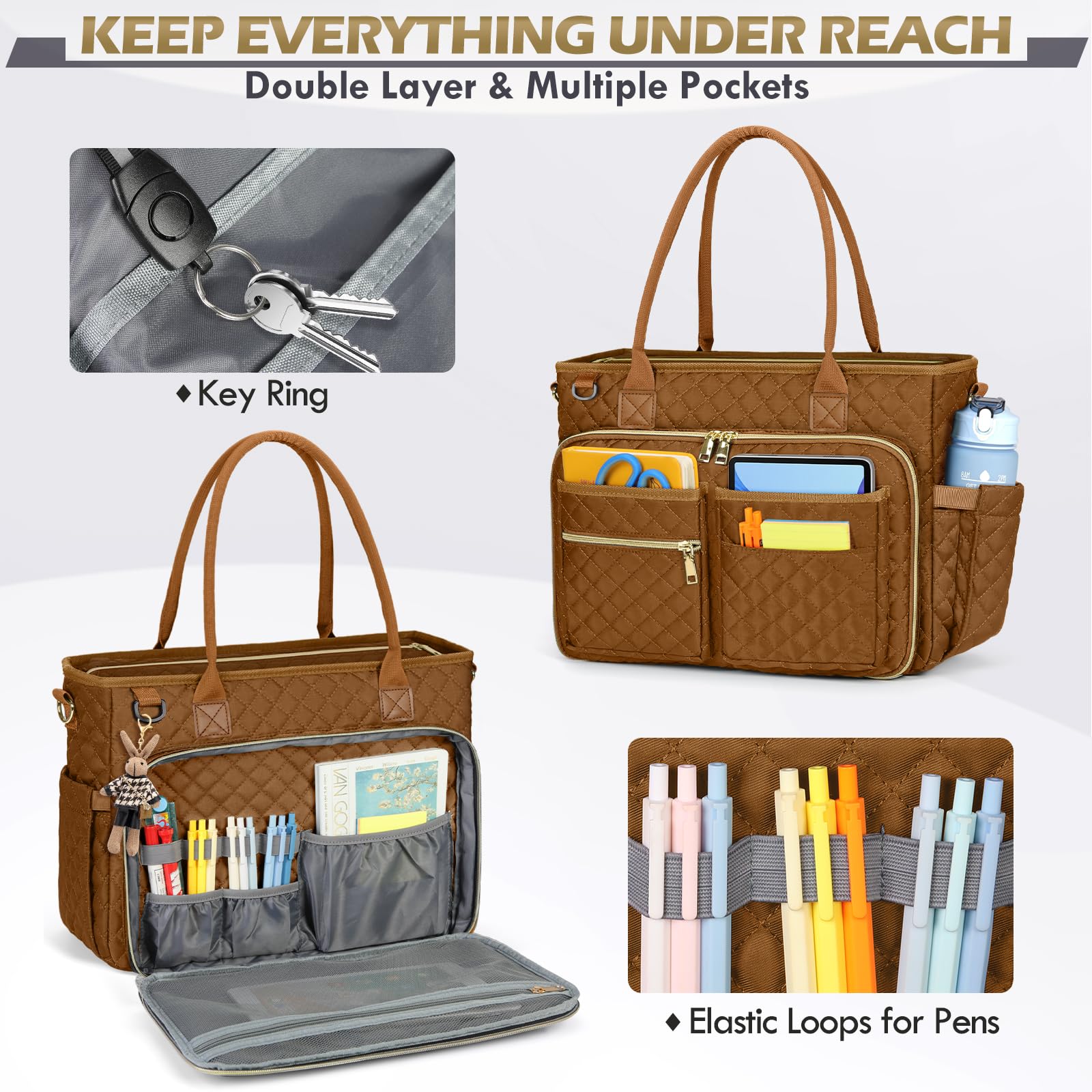 RAINSMORE Professional 15.6 Inch Laptop Tote Bag for Women - Water-Resistant Work Bag with Insulated Pocket, Teacher Nurse Messenger Briefcase for Office, College & Business - Perfect for Work Commute & Business Travel (Brown)
