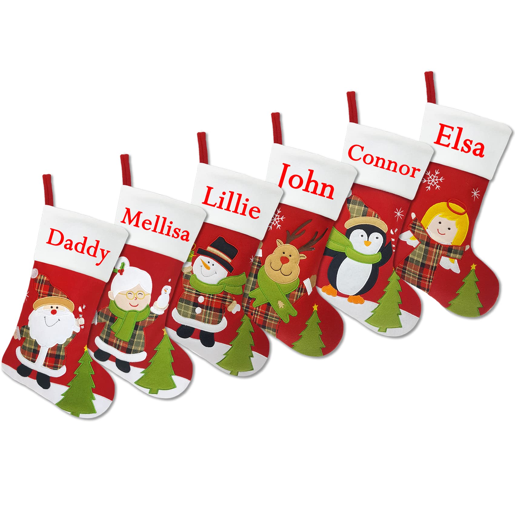 Set of 6 Personalized Christmas Stockings - 18 Inch Fleece Stockings with Embroidered Names (Santa, Mrs. Claus, Snowman, Deer, Penguin, Angel) for Family Holiday Decor - Perfect for Fireplace Mantel, Gift Giving & Festive Home Decoration