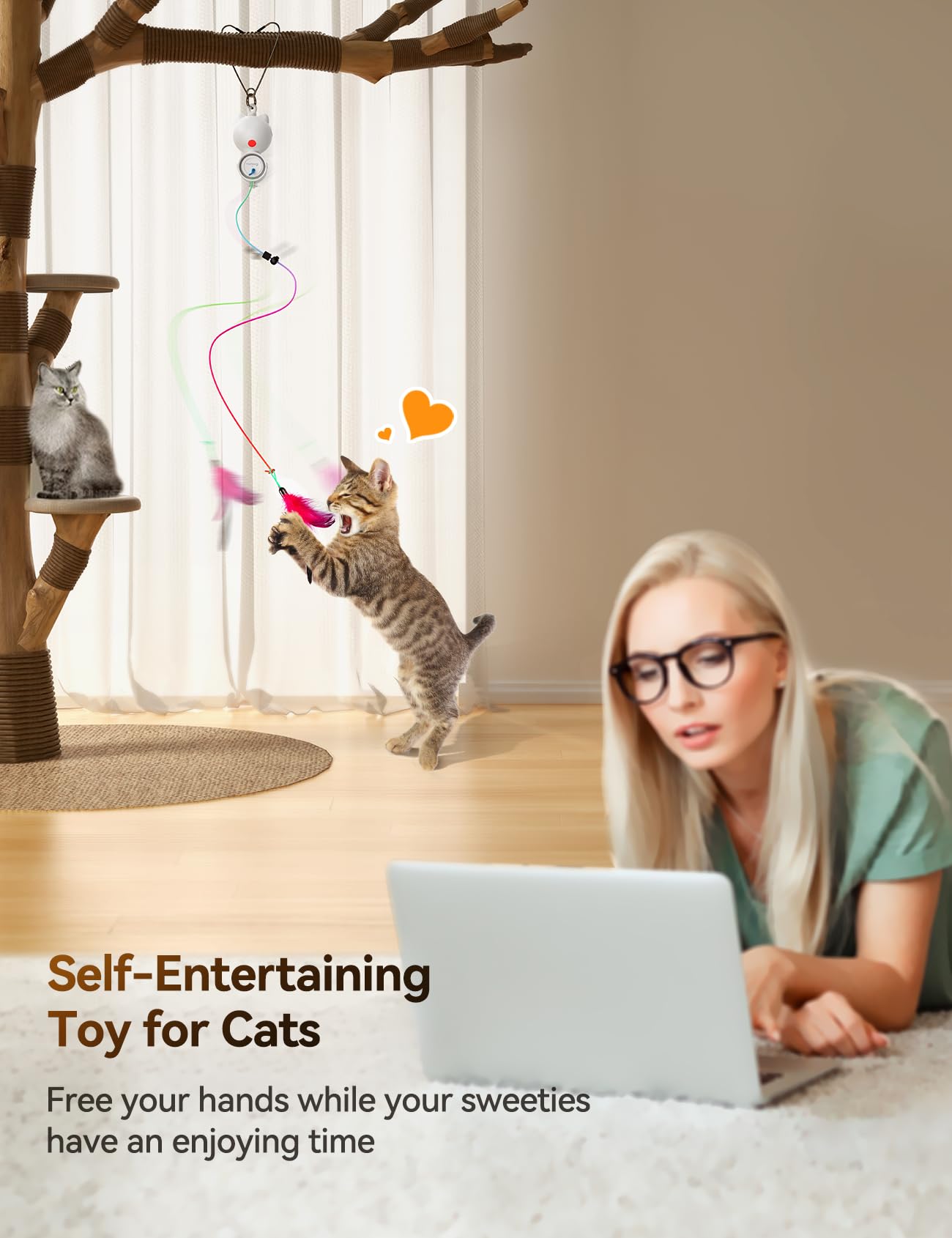 Interactive LED Cat Toys with Bells - 8 PCS Feather & Mouse Teaser Refills for Indoor Cats - Hanging Kitten Exercise Toys for Adult Cats - Perfect for Playtime & Boredom Relief (Silver)