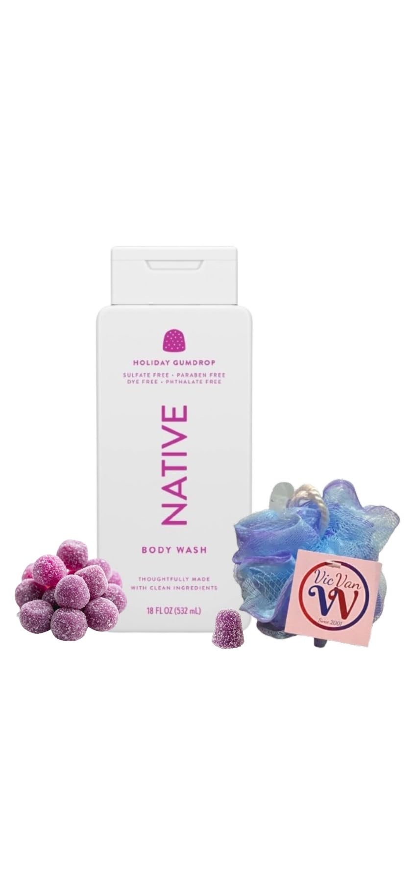 VicVan Native 18 fl oz Hydrating Body Wash & Exfoliating Sponge Set - Gum Drop Scent | Gentle Cleansing & Skin Smoothing for Daily Shower & Spa Experience