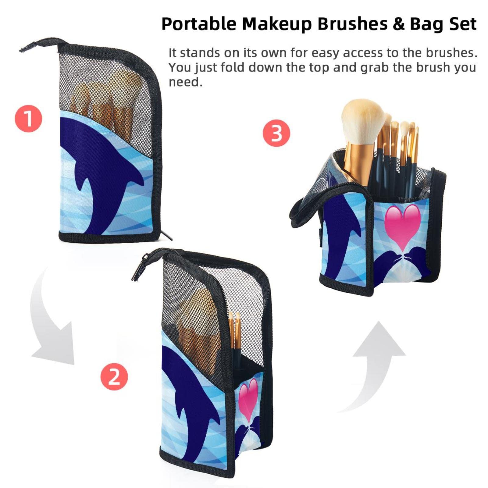 12-Piece Makeup Brush Organizer Bag with Portable Case - Love Dolphin Kiss Design - Perfect for Travel, Home & Professional Makeup Storage