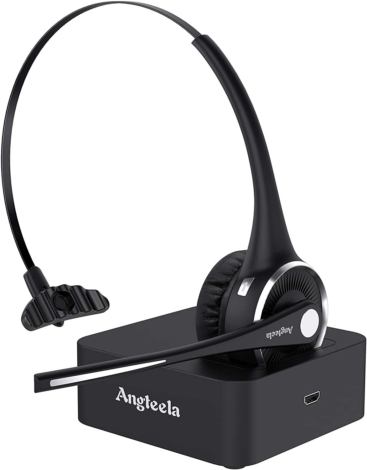 Angteela Wireless Bluetooth Headset with Noise Canceling Mic - Trucker Headphones for Home Office, Call Center & Skype Calls | Includes Charging Base & Mute Function | Perfect for Remote Work, Online Meetings & Customer Service
