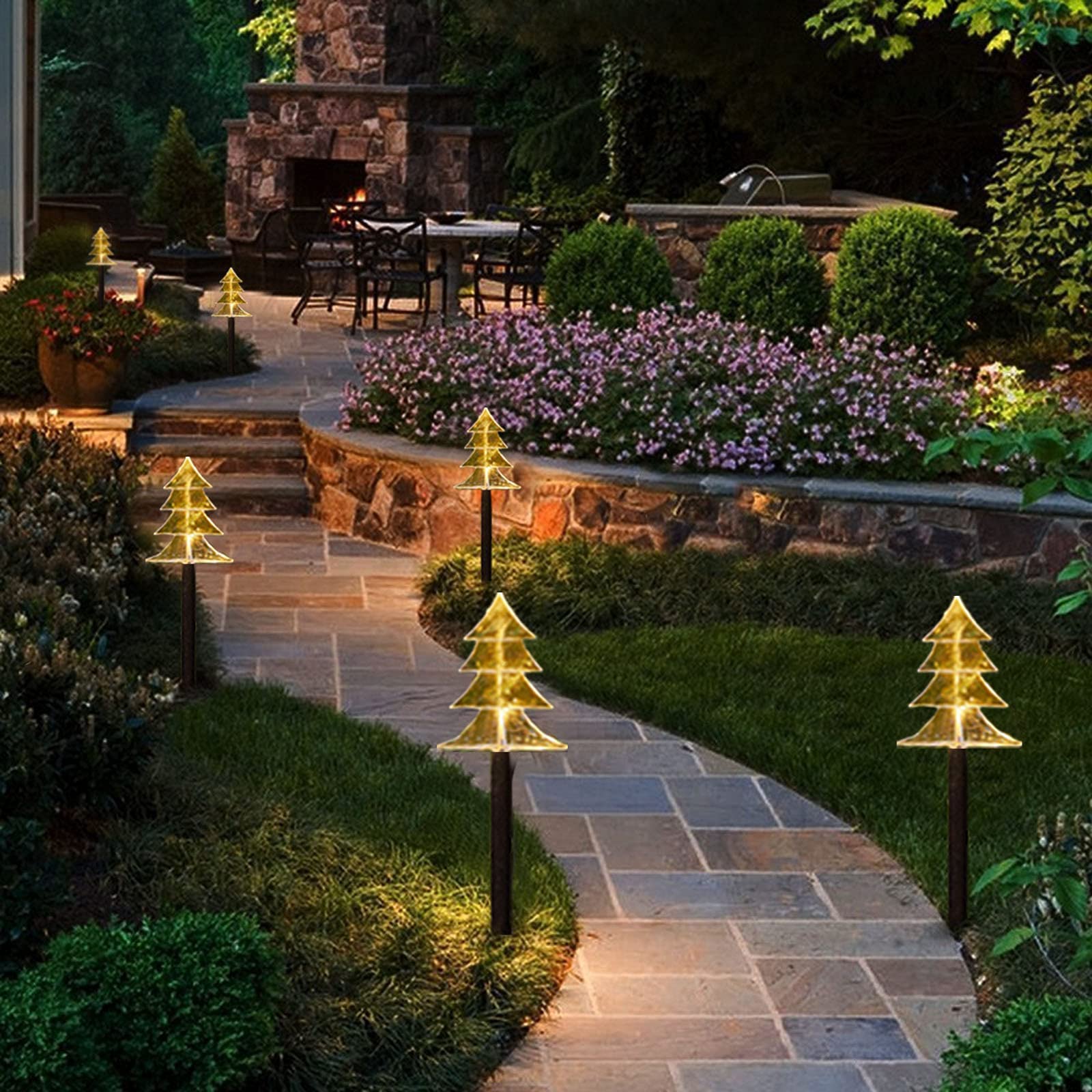 Solar Powered LED Pathway Lights - Waterproof Christmas Tree & Lawn Decorations with Timer, 5 Pack Warm White Outdoor Holiday Lights for Garden, Yard, Party & Xmas Decor
