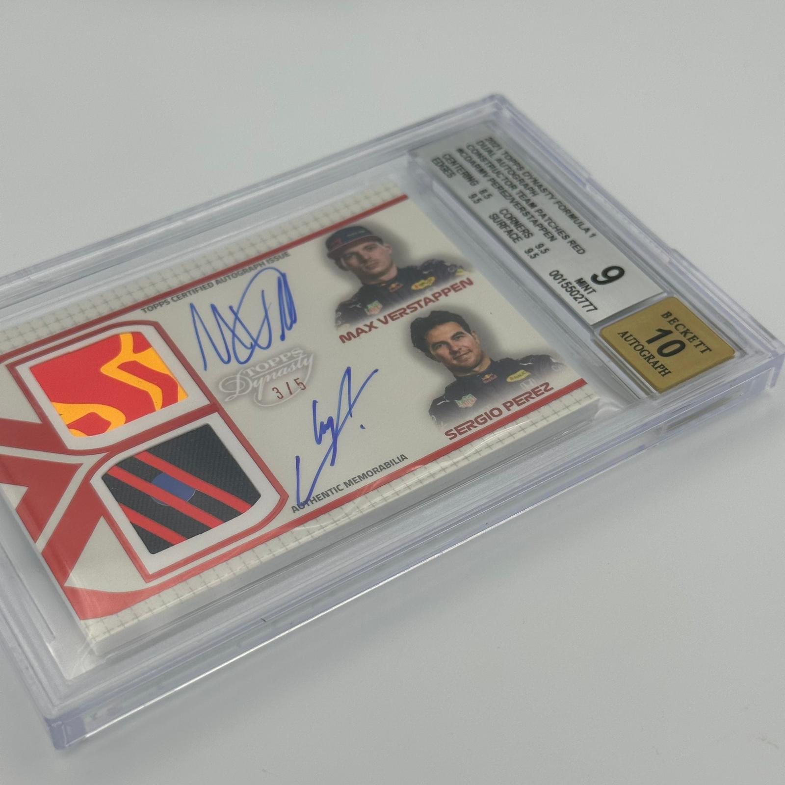 Beckett 9 3/5 Max Verstappen & Sergio Perez Dual Autograph F1 Racing Card with Constructors Team Patches - Perfect for F1 Collectors, Racing Fans, and Sports Memorabilia Enthusiasts