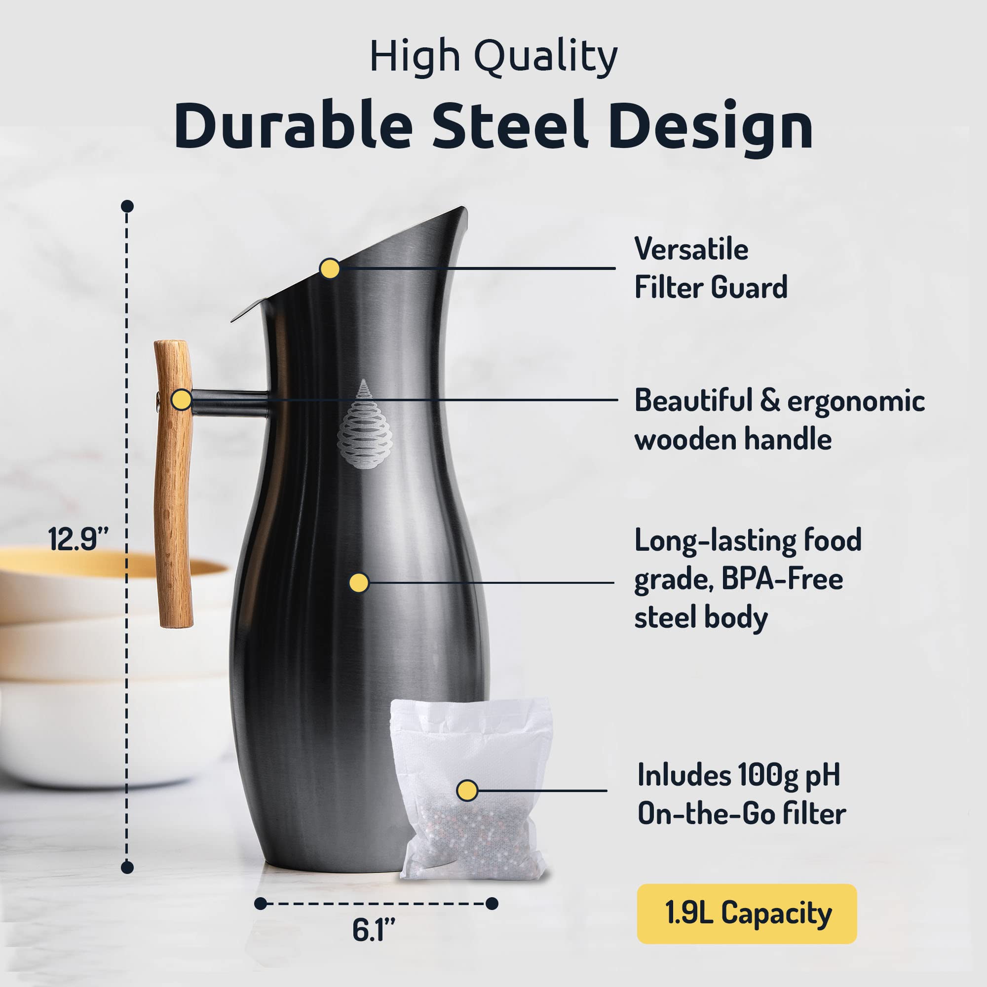 Invigorated Water pH Vitality Stainless Steel Alkaline Water Filter Pitcher - High pH Water Purifier with 1 Alkalizer Filter (400L Capacity, 8-Cup/1.9L, Black) | Perfect for Home, Office & Travel Hydration | Improves Taste & Boosts Energy