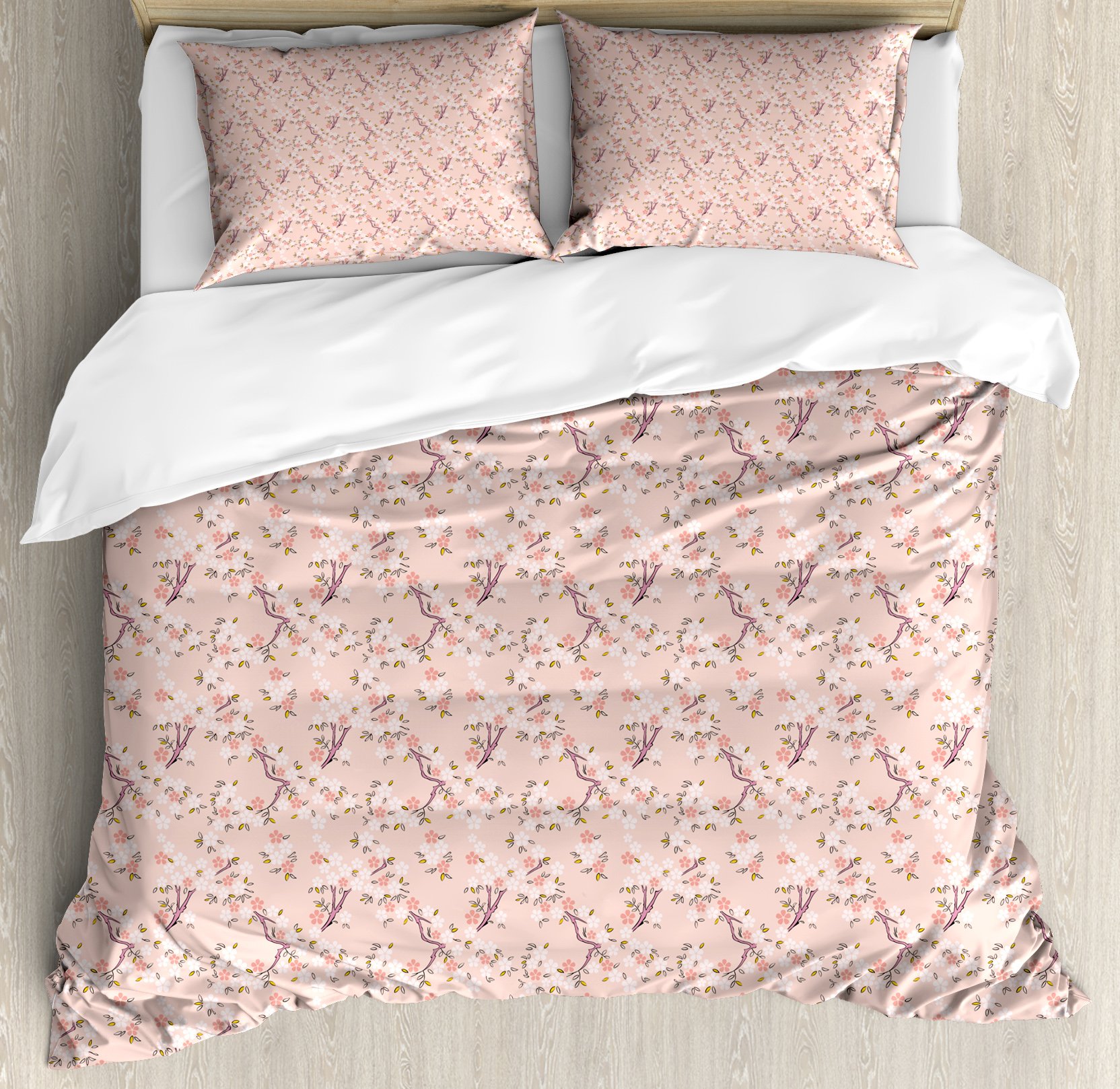 Ambesonne Cherry Blossom Duvet Cover Set - Japanese Sakura Floral 3-Piece Queen Size Bedding with 2 Pillow Shams in Peach Pink & Yellow | Romantic Nature Inspired Decor for Master Bedroom, Guest Room & Spring Home Decor