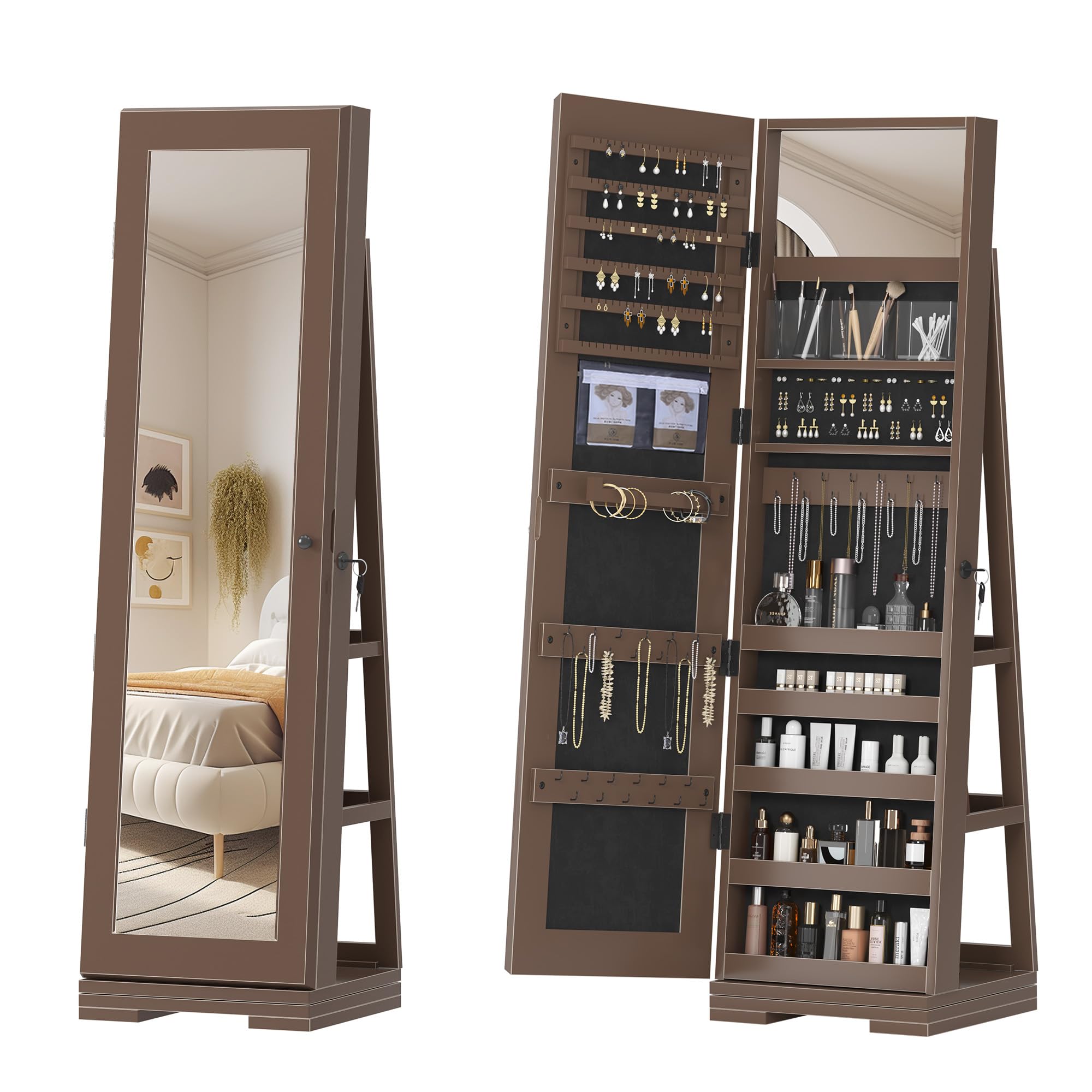 DlandHome Lockable Jewelry Cabinet with Full-Length Mirror - Jewelry Organizer with Storage Shelves & Built-in Small Mirror - Jewelry Armoire for Bedroom, Closet & Dressing Room (Model QH-7021C-BW)