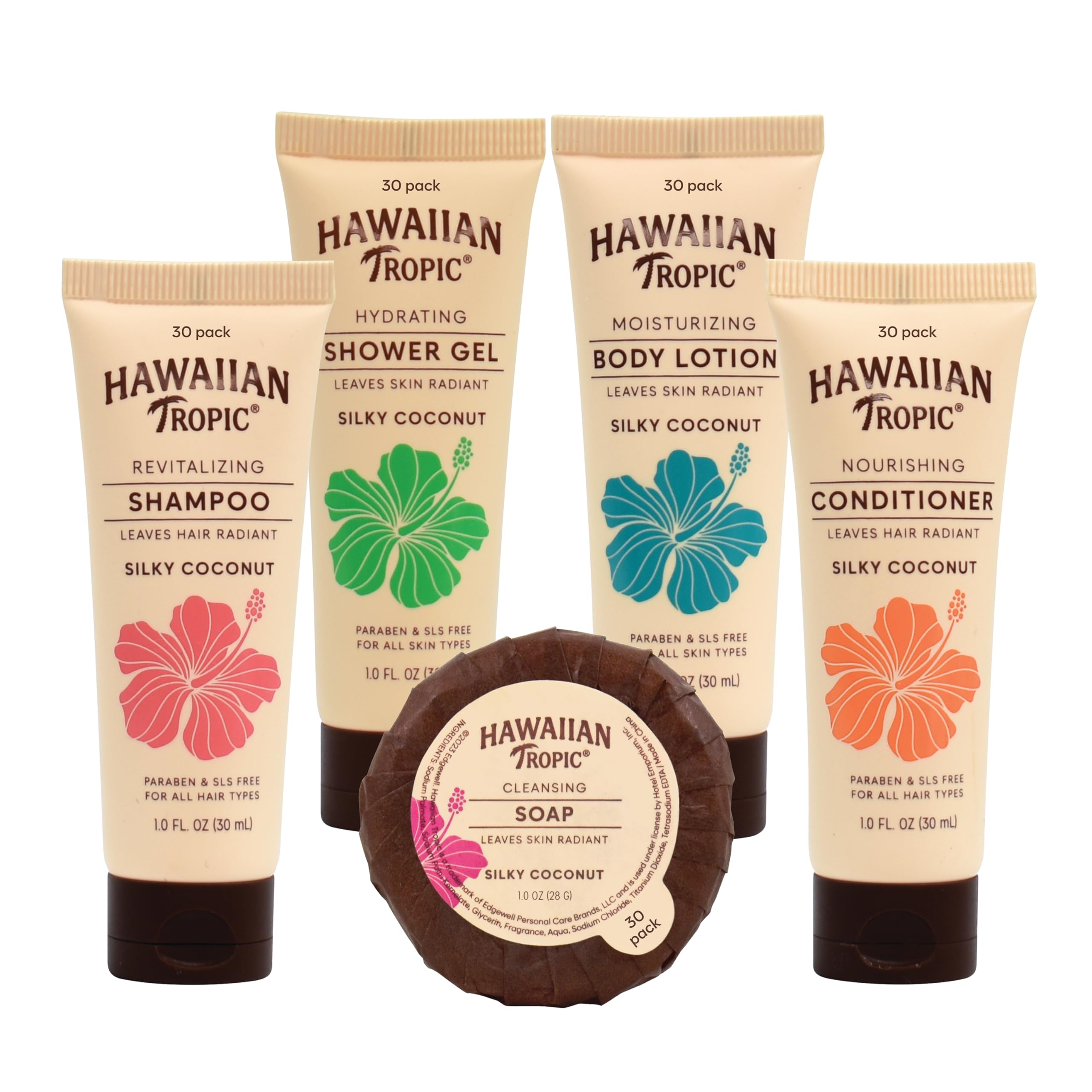 Hawaiian Tropic Silky Coconut Shampoo, Conditioner, Body Wash, Lotion & Soap Travel Size Set (150-Piece, 1 oz Each) - Bulk Mini Toiletries for Airbnb Guest Bathroom, Hotels, Travel & Hygiene Kits | Perfect for Vacation, Business Trips & Hospitality Services