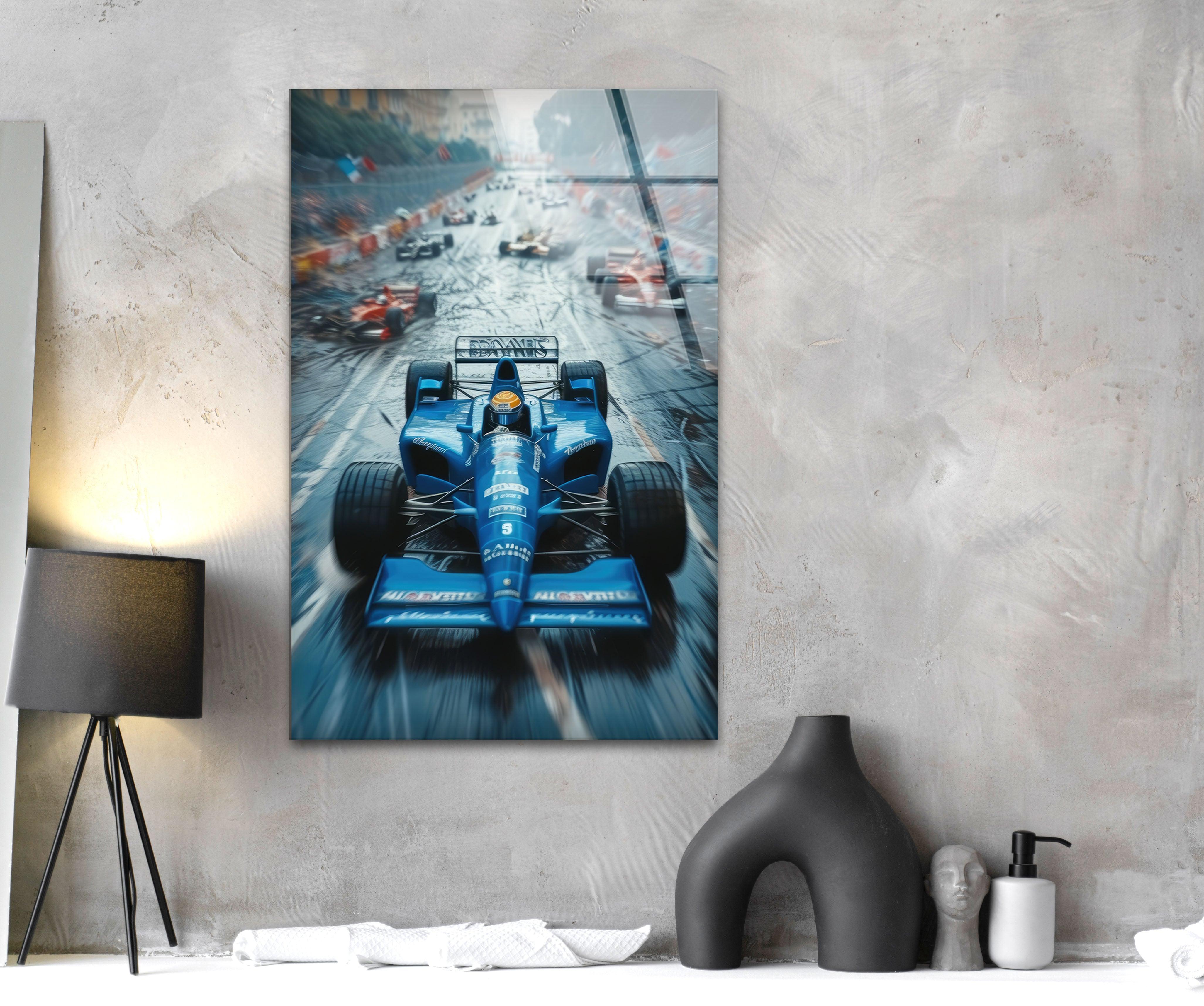 Blue Formula 1 Racing Car Glass Wall Art - Premium Decorative Home & Office Decor for Motorsport Fans