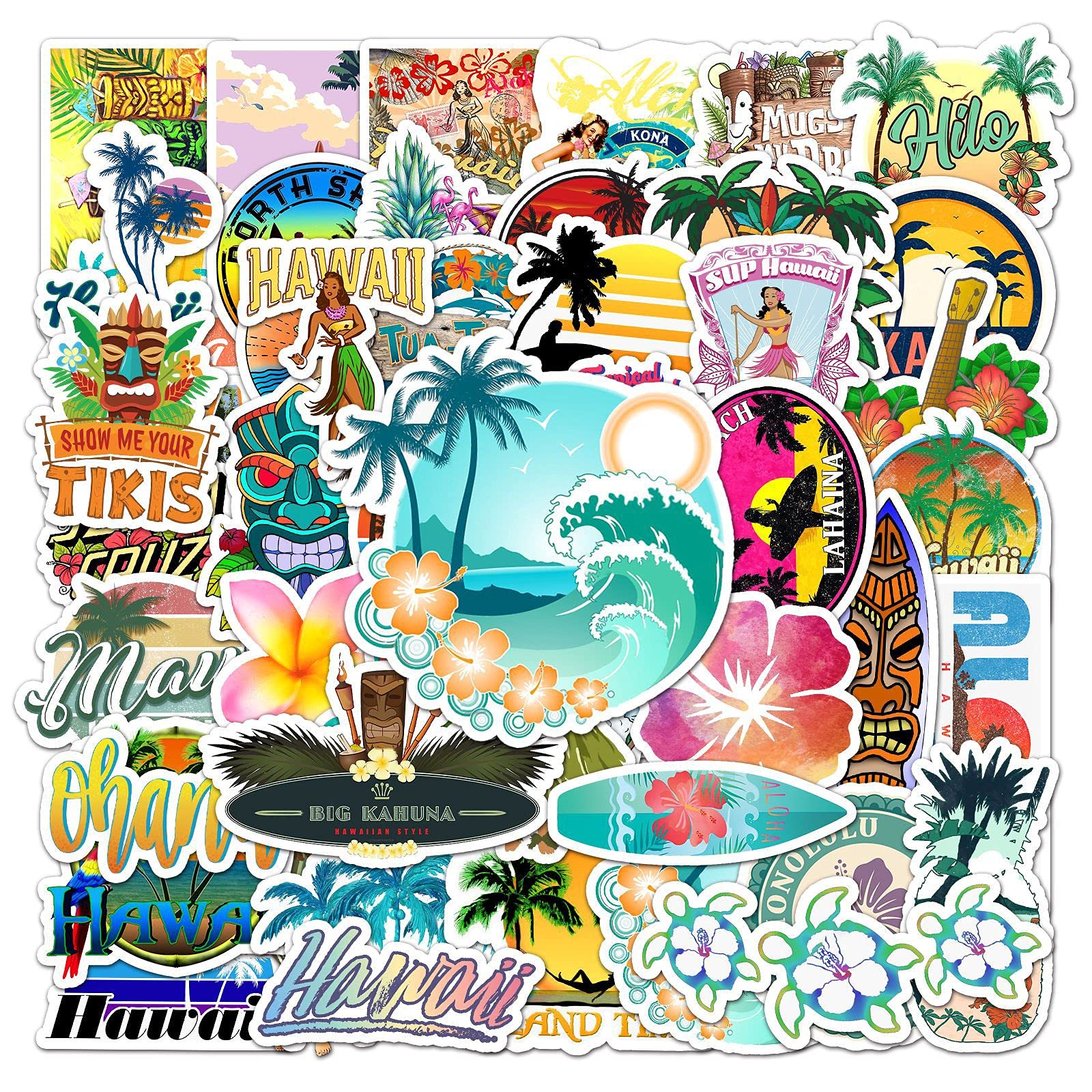 50 PCS Hawaiian Themed Stickers - Waterproof Vinyl Decals for Skateboards, Water Bottles, Cars, Laptops, Motorcycles & Luggage - Tropical Island Decor for Teens & Adults - Perfect for DIY Projects, Travel Gear & Personalizing Belongings