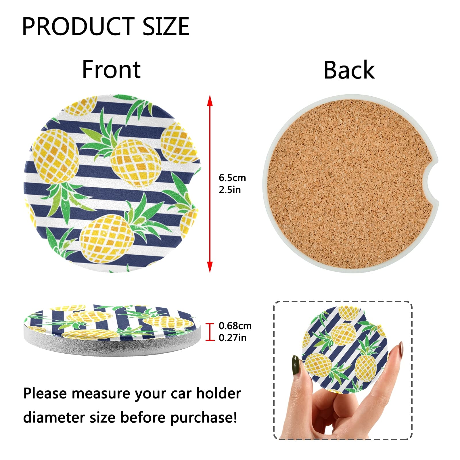 2 Pack Absorbent Ceramic Car Cup Holder Coasters - Non-Slip Pineapple Design for Drinks, 2.5 Inch - Perfect for Cars, Trucks & SUVs (Great Gift for Coffee & Tea Lovers)