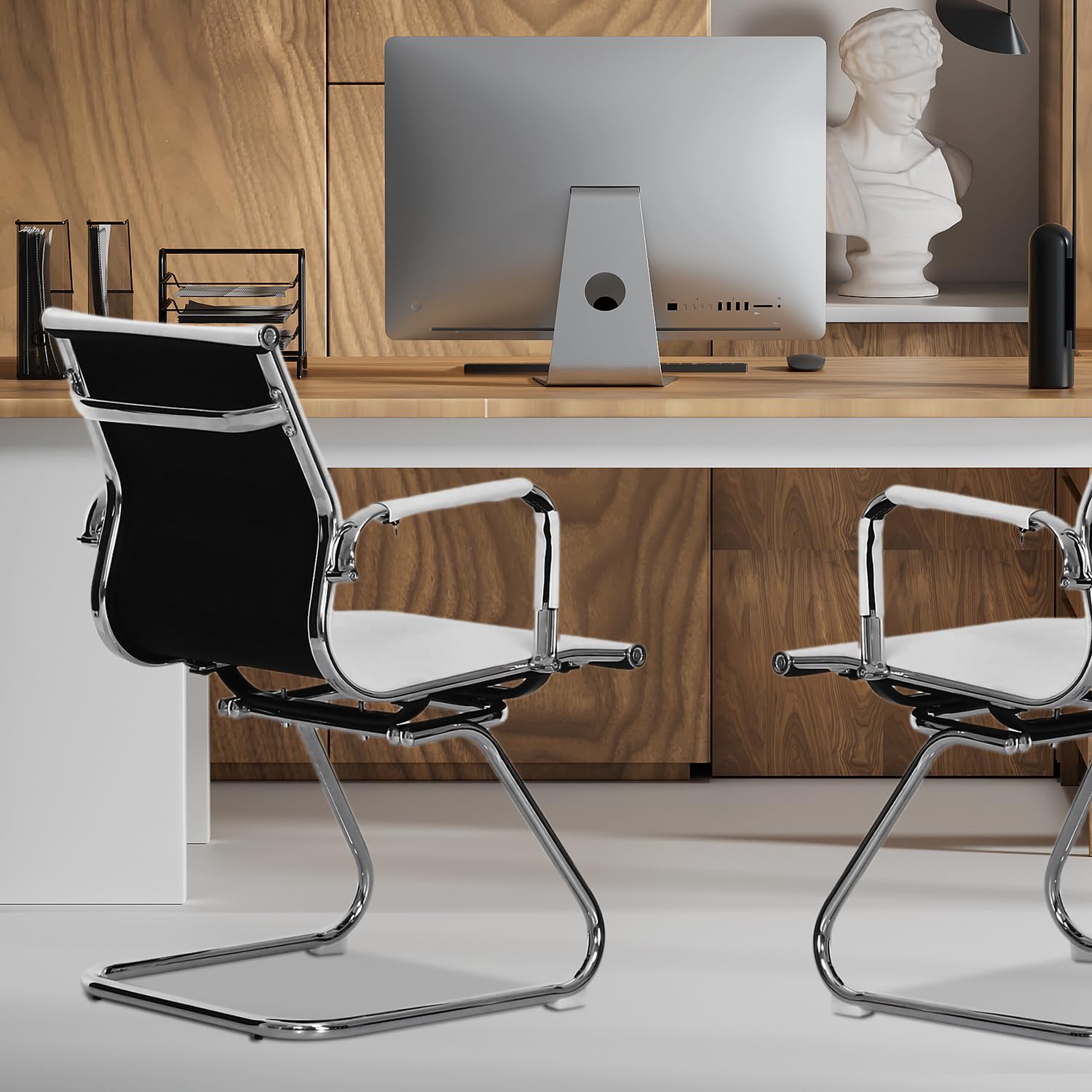 Magshion Office Reception Guest Chair - No Wheels, Mid Back PU Leather Waiting Room Chair with Metal Leg Sled Base & Arms - Conference Room, Lobby, Clinic, Hotel (White, 2 Pack)