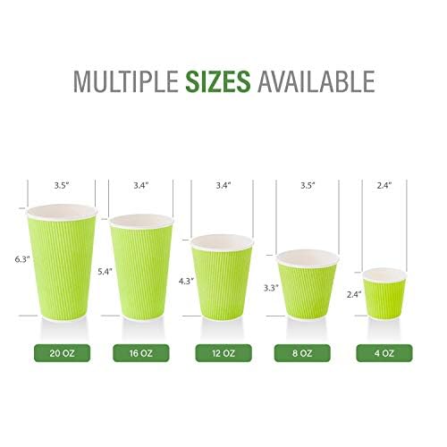 20oz Insulated Double Wall Coffee Cups with Ribbed Grip - 250 Pack Eco-Friendly Corrugated Paper Cups | Leakproof Design for Coffee Shops, Offices & Catering Events | Lids Sold Separately (Green)