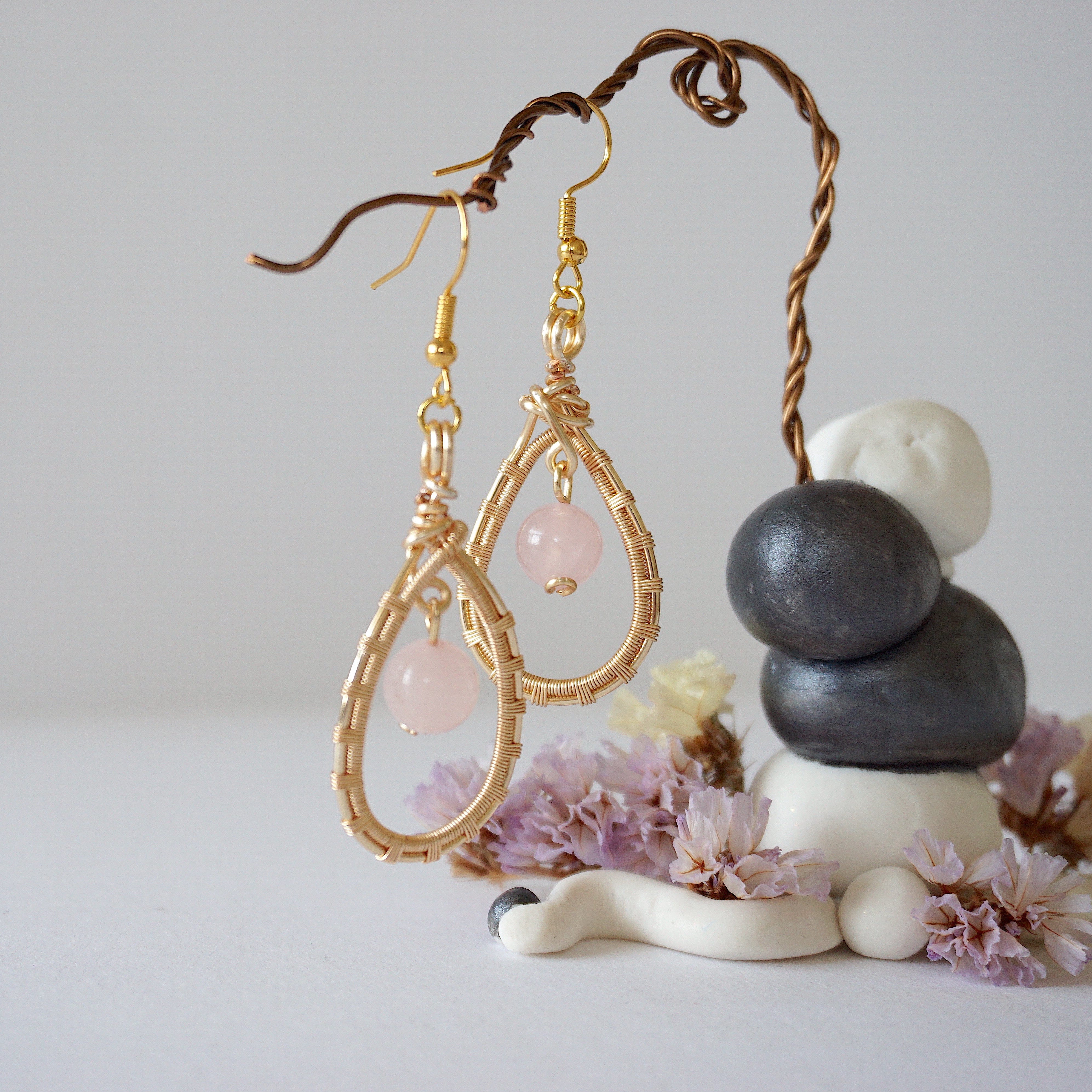 Rose Quartz Round Wire Earrings - Gold Plated Dangle Earrings for Women, Healing Crystal Jewelry Gift for Mom, Wife, Girlfriend - Perfect for Valentine's Day, Birthday & Everyday Wear