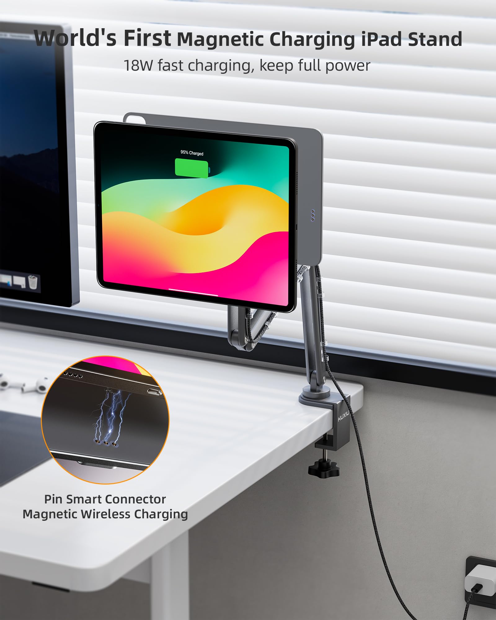 Magnetic Wireless Charging Stand for iPad Pro 13 M4 (2024) - 360° Adjustable Aluminum Alloy Tablet Holder with 2M USB C Cable - Foldable Desktop Stand for Work, Study & Entertainment