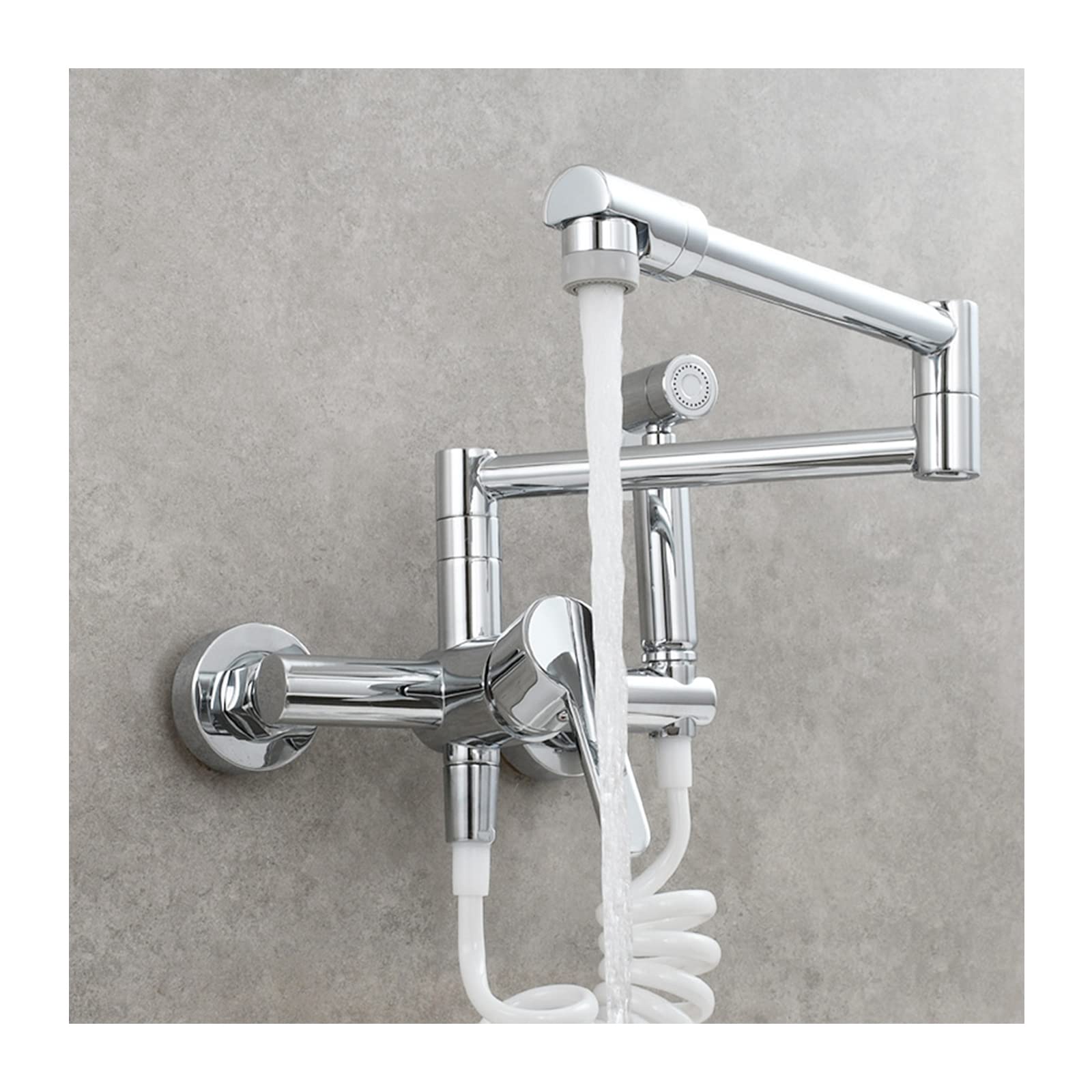 Commercial Brass Wall Mount Kitchen Faucet - Hot & Cold Water 2-Function Swing Arm Pot Filler with Folding Stretchable Double Joint - Chrome Finish for Restaurant & Home Kitchen Sink Installation