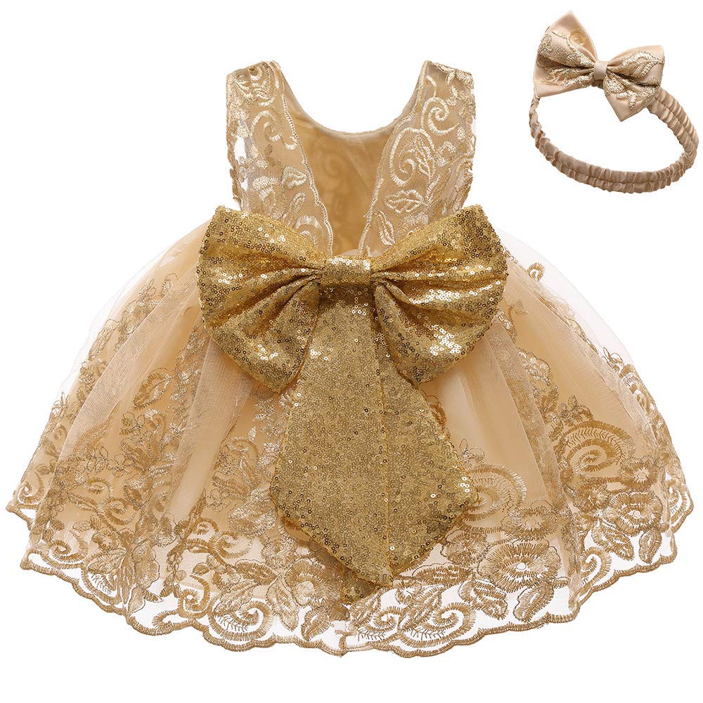 0-6T Big Bowknot Sequins Toddler Baby Girls Embroidered Lace Party Dresses with Headwear - Perfect for Birthday, Christmas, Photo Shoots & Special Occasions