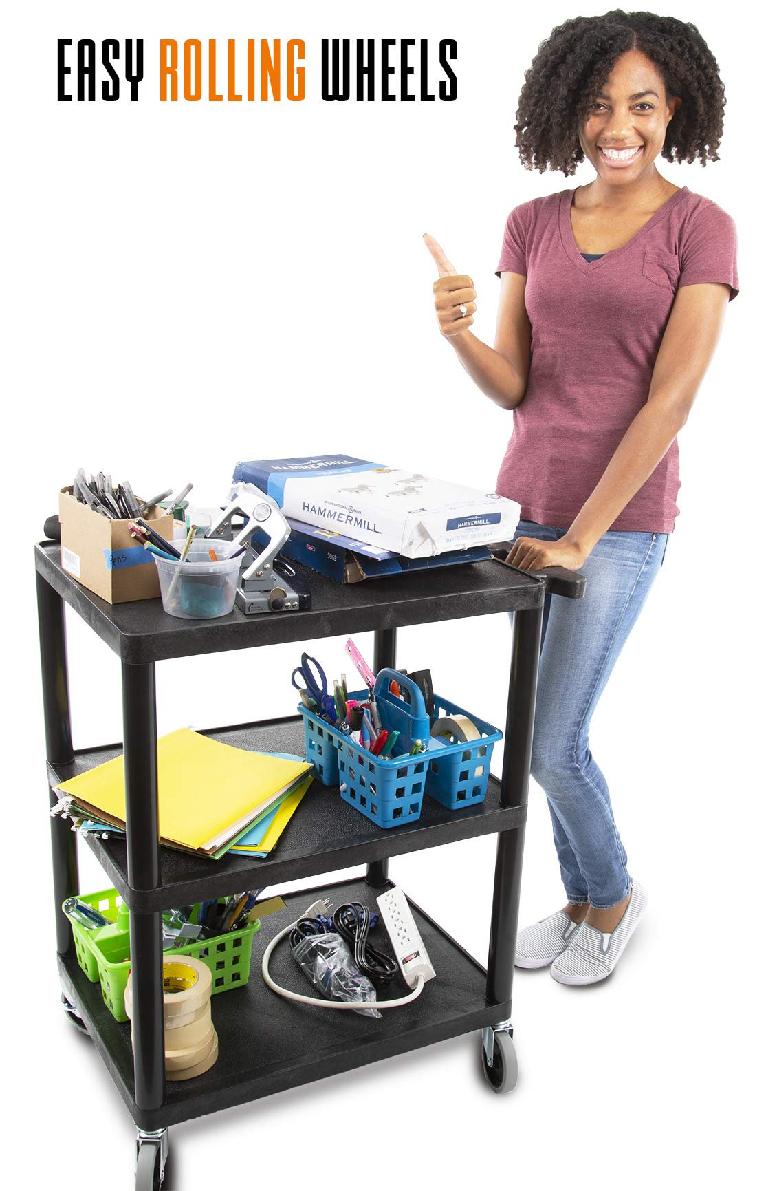 Heavy-Duty 3-Tier Flat Shelf Printer Cart with Wheels - 300 lbs Capacity Utility Storage Cart for Home Office & Warehouse (28