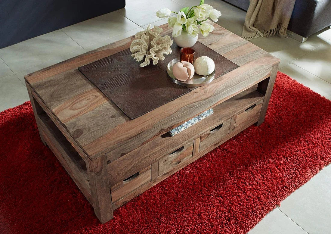 Solid Sheesham Wood Coffee Table with 4 Drawers - 46