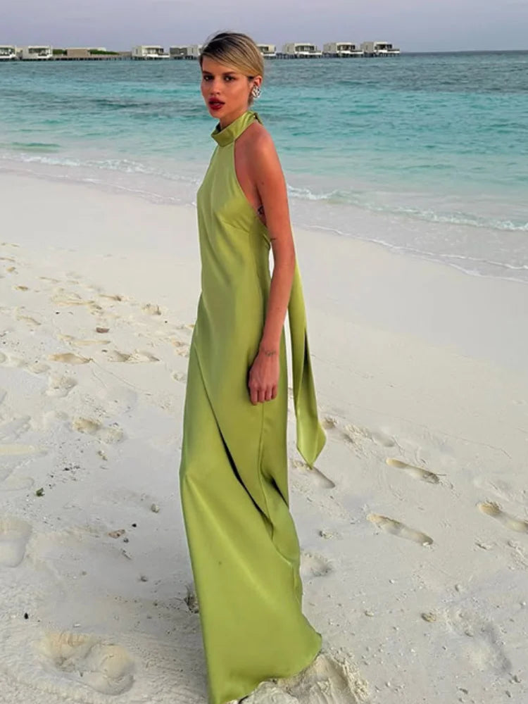Elegant Green Satin Sleeveless Maxi Dress with Stand Neck & Lace Up Backless Design - Women's Summer Beach Vacation Dress 2025 | Perfect for Beach Parties, Weddings & Tropical Getaways