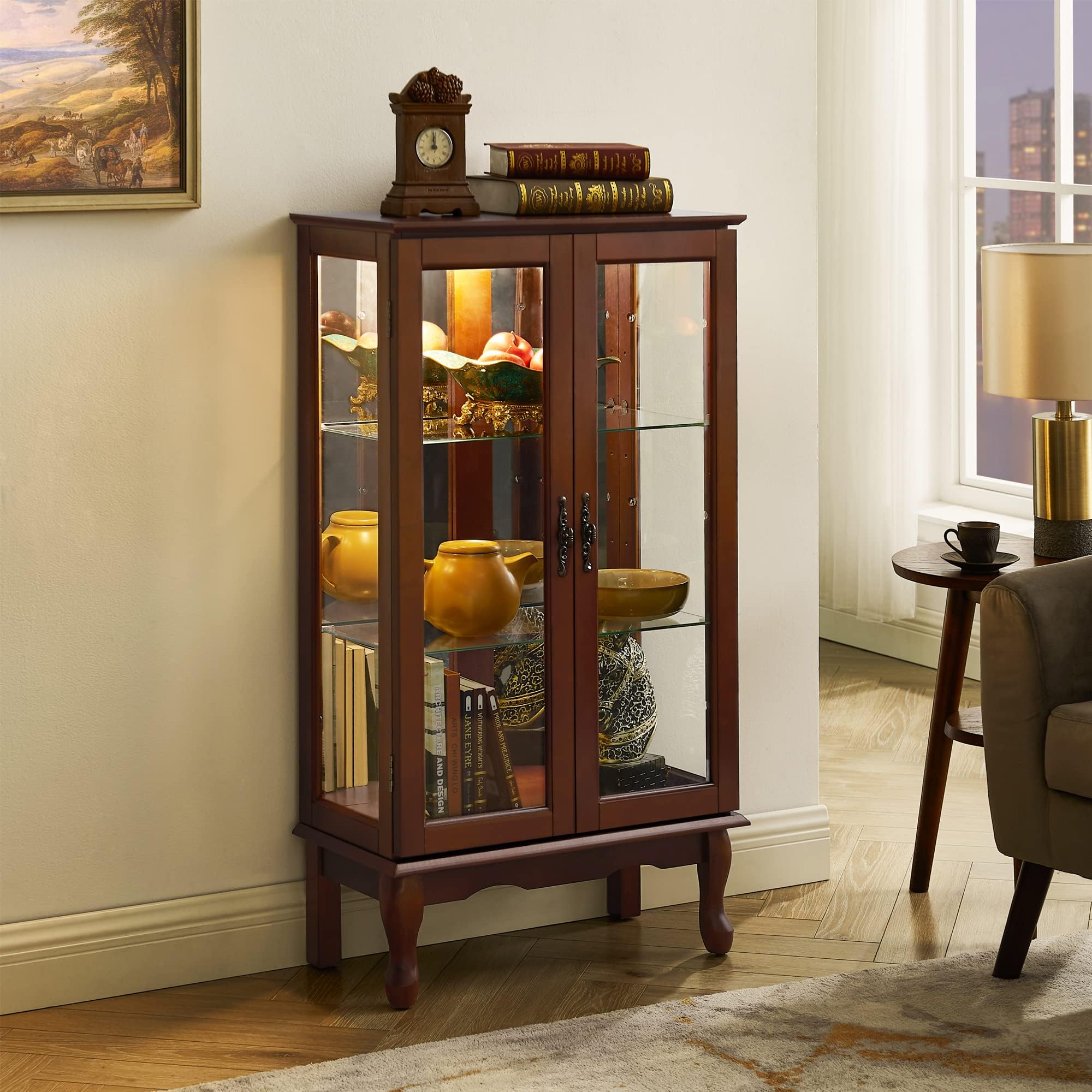 Elegant Wood & Glass Lighted Curio Display Cabinet with Adjustable Shelves - 43.5