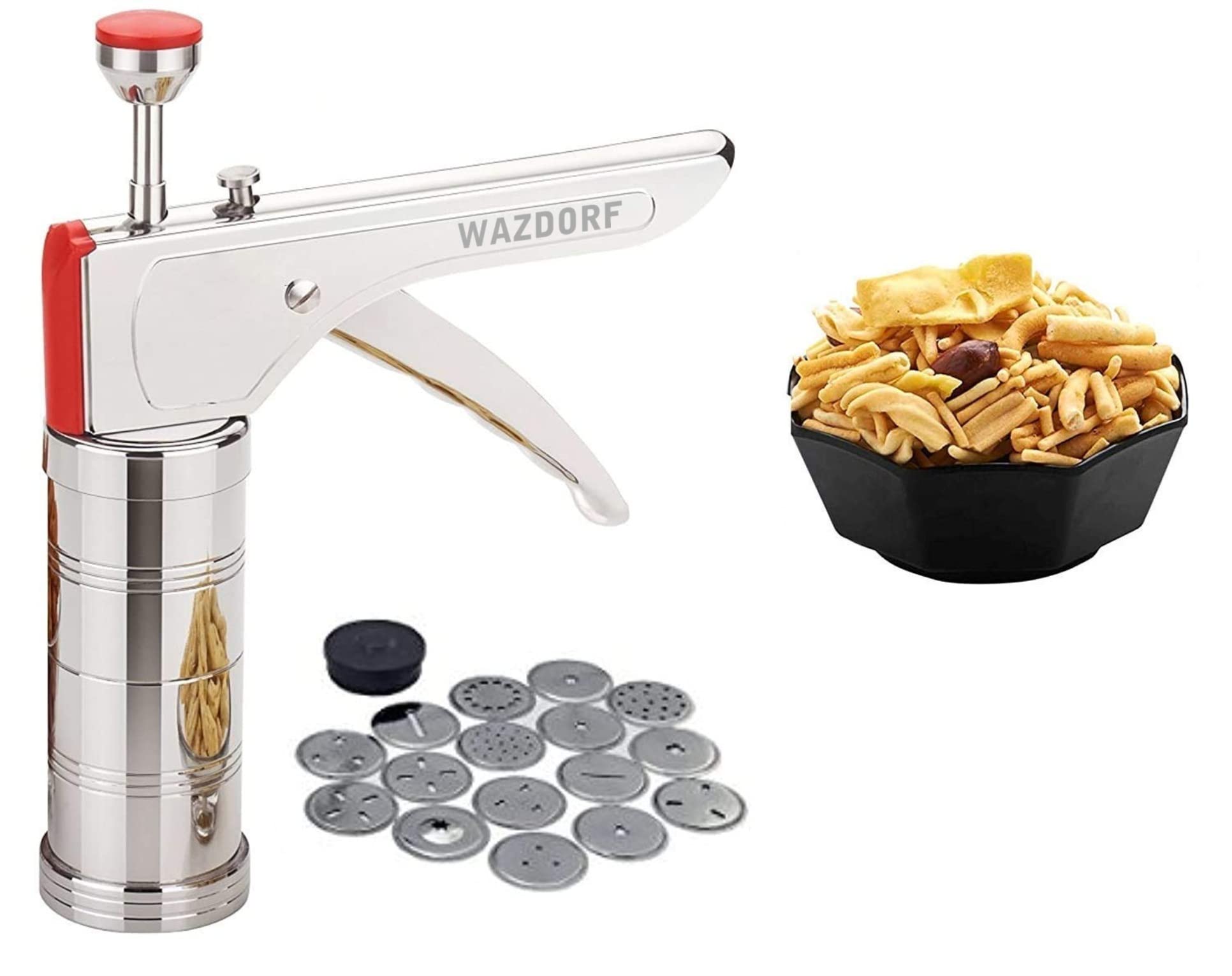 Stainless Steel Kitchen Press with 15 Interchangeable Molds - Murukku Maker, Chakali Press, Sev Maker, Noodles & Cookie Press Tool for Indian Snacks, Farsan & Namkeen - Perfect for Diwali, Festivals & Home Cooking