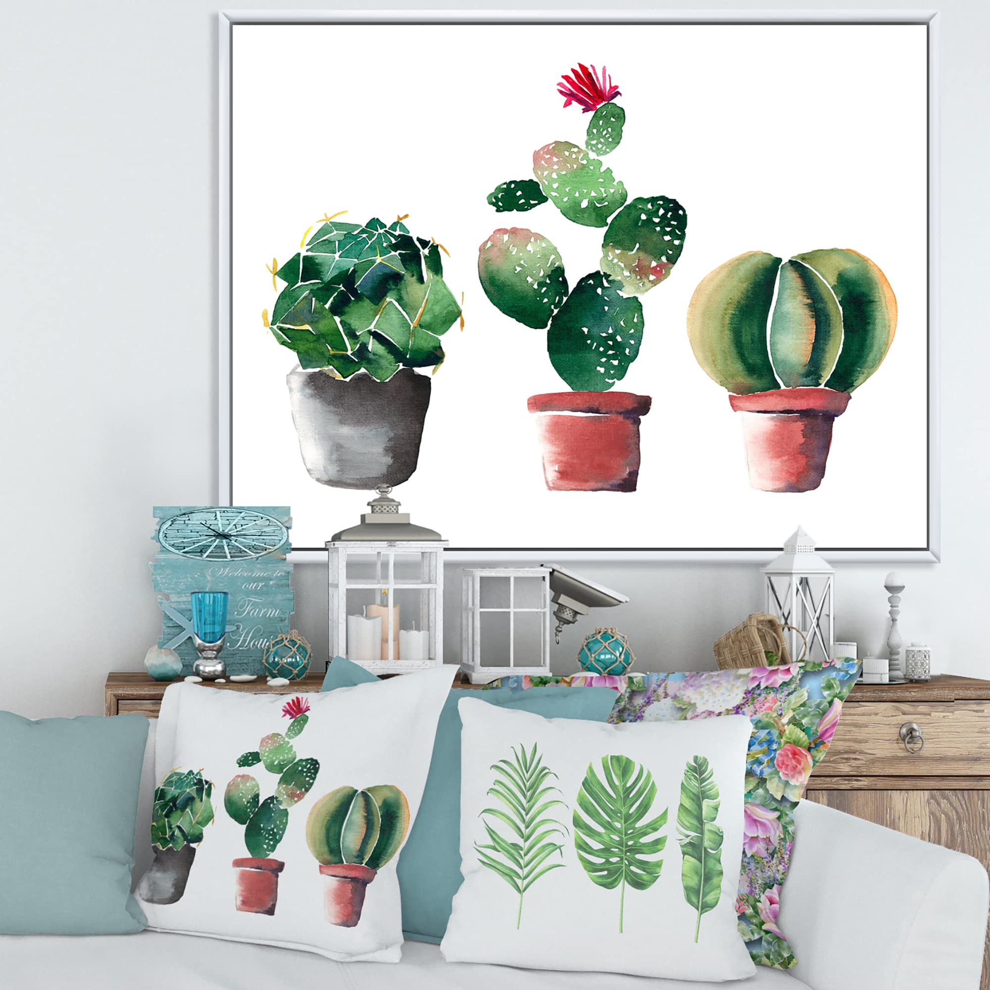 DesignQ Three Cactus In Clay Pots - Traditional Framed Canvas Wall Art Print for Home, Office & Living Room Decor | Southwestern Desert Plant Painting