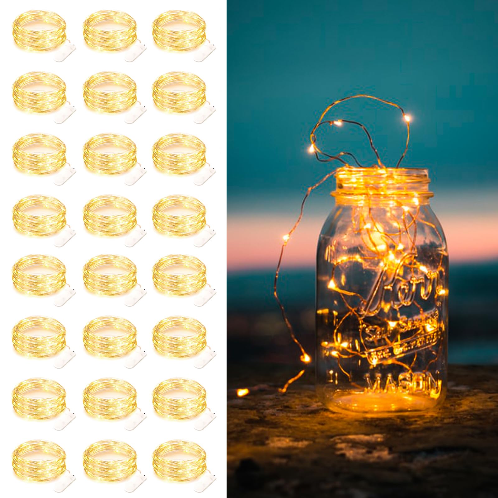 24 Pack Fairy Lights Battery Operated - 7ft 20 LED Waterproof String Lights with Silver Wire for Christmas, Bedroom, Wedding, Party Decor | Indoor & Outdoor Use for DIY, Patio, Firefly Starry Moon Lighting Effects