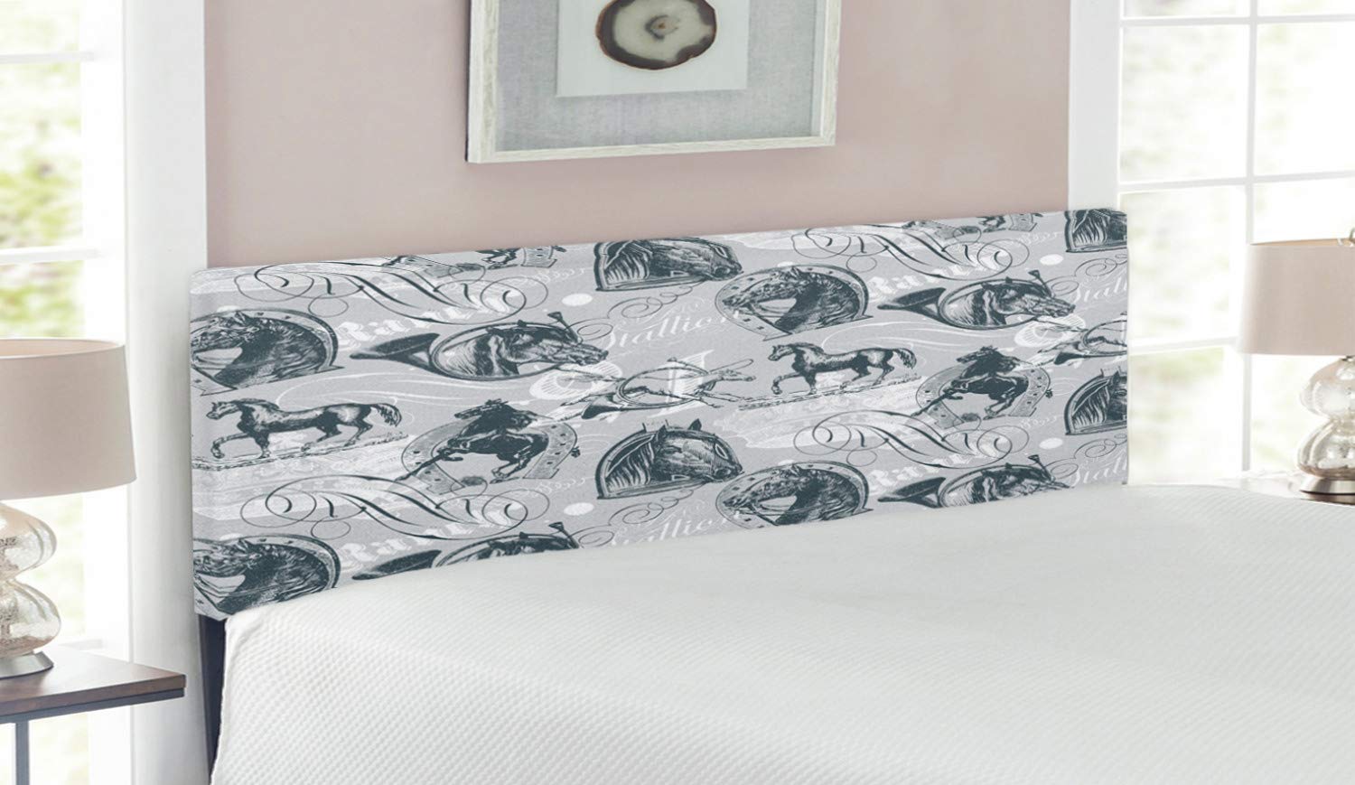 Ambesonne Grey Upholstered Headboard with Memory Foam - Vintage Calligraphic Horse Design, Queen Size Bed Frame for Cozy Bedroom Decor | Perfect for Master Bedroom, Guest Room & Apartment