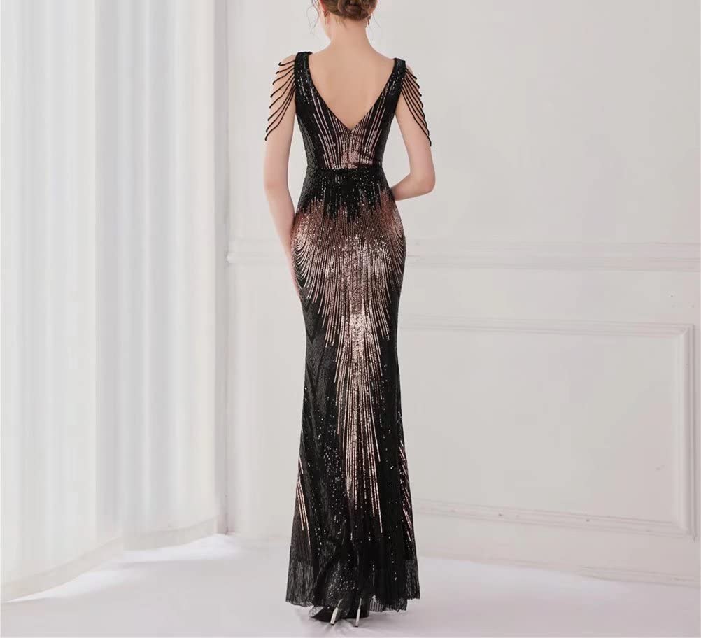 Mordarli Women's V Neck Sequin Prom Dresses 2023 - Elegant Long Evening Gown with Crystal Beadings for Formal Events, Homecoming, Pageants & Special Occasions