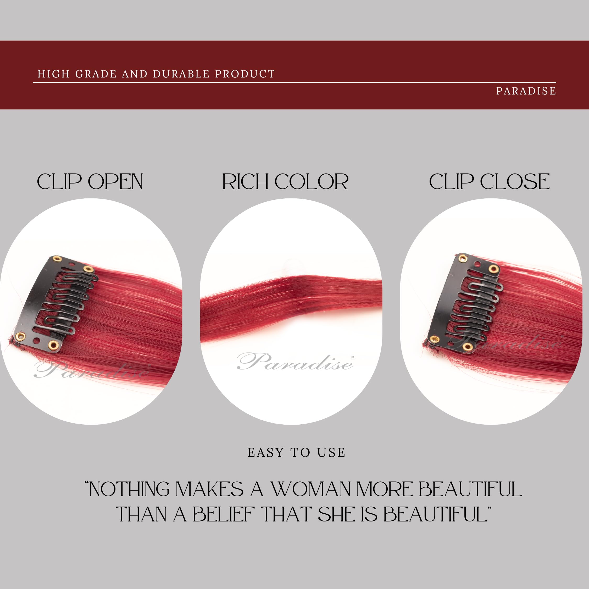 Paradise® 22 Inch Maroon Wine Clip-In Hair Extensions for Women - 2 Pack Straight Synthetic Hair Streaks for Girls, Party & Cosplay - Perfect for Halloween, Prom & Costume Events