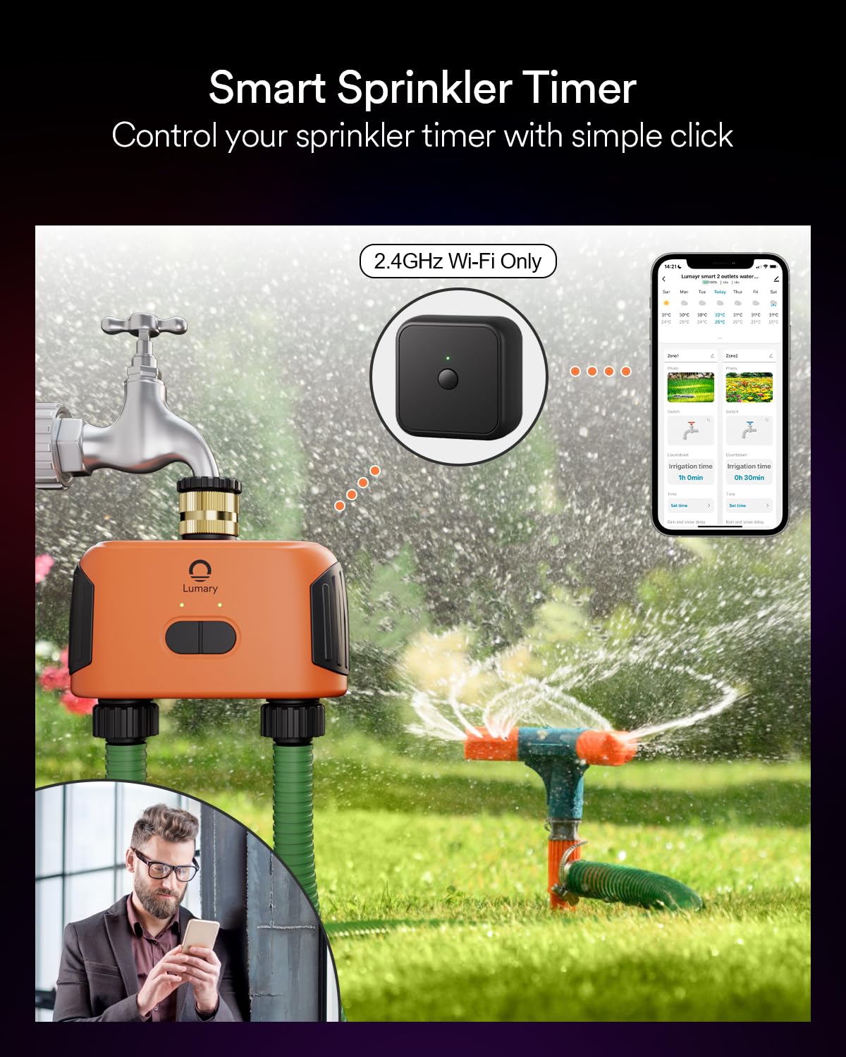 Lumary Smart WiFi Sprinkler Timer 2 Zone - Automatic Garden Hose Water Timer with App & Voice Control (Alexa/Google Assistant) - Brass Inlet Irrigation Controller System with Gateway - Perfect for Lawn, Yard & Garden Watering Automation