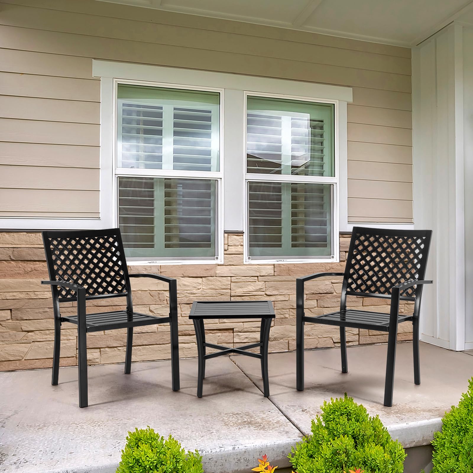 3-Piece Outdoor Patio Dining Set - Durable Cast Iron Square Table with 2 Stackable Chairs, Weather-Resistant Bistro Set for Balcony, Porch, Garden, Backyard (Black) | Perfect for Small Space Entertaining & Al Fresco Dining