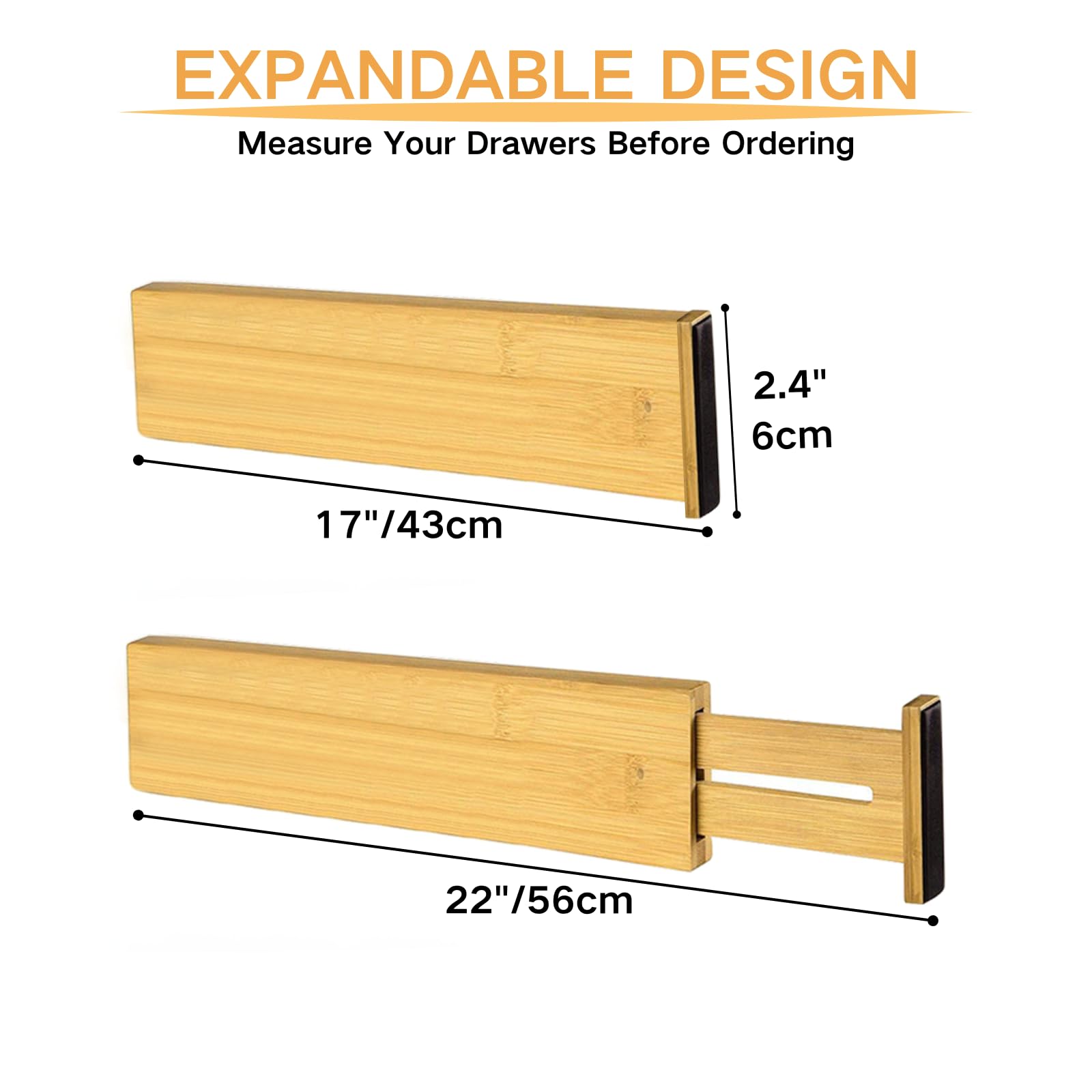 Bamboo Drawer Dividers Set of 4 - Adjustable Kitchen, Bedroom, Bathroom & Office Organizer for Dresser Drawers (17