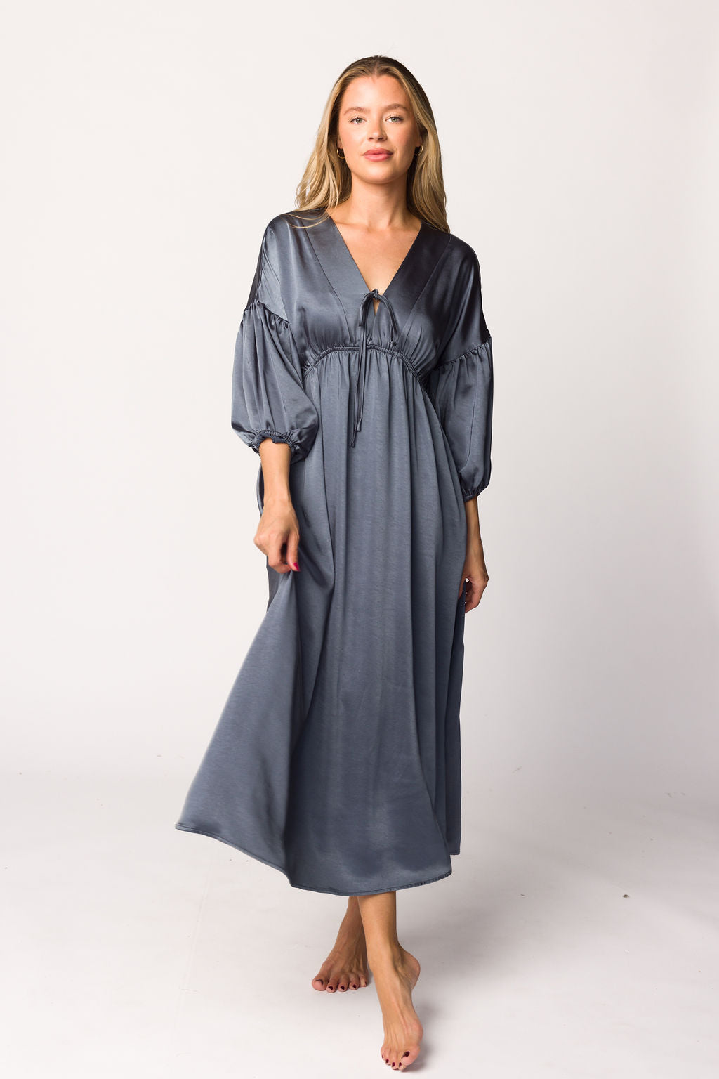 Hunter Premium Satin Midi Dress in Blue Granite - Bump Friendly Maternity Dress for Women | Elegant & Comfortable for Pregnancy, Baby Showers, Weddings & Special Occasions